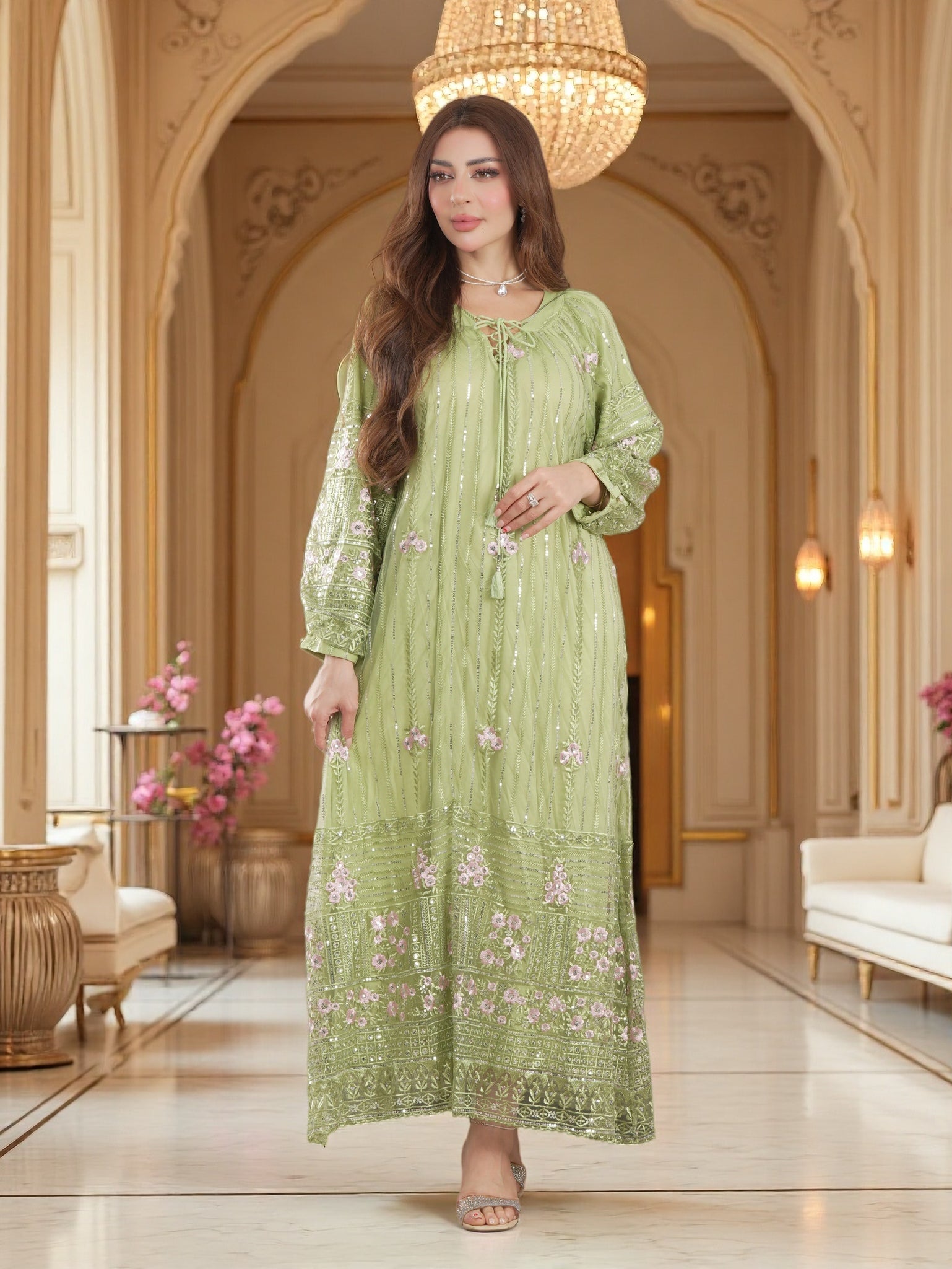 Elegant Sequined Floral Kaftan Jalabiya | Modest Maxi Dress in Pink, Green & Blue