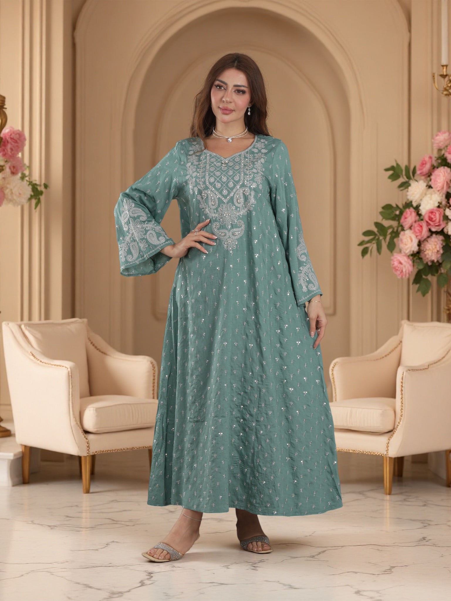 Chikankari Embroidered Jalabiya with Beaded Yoke | Long Sleeve Modest Maxi Dress