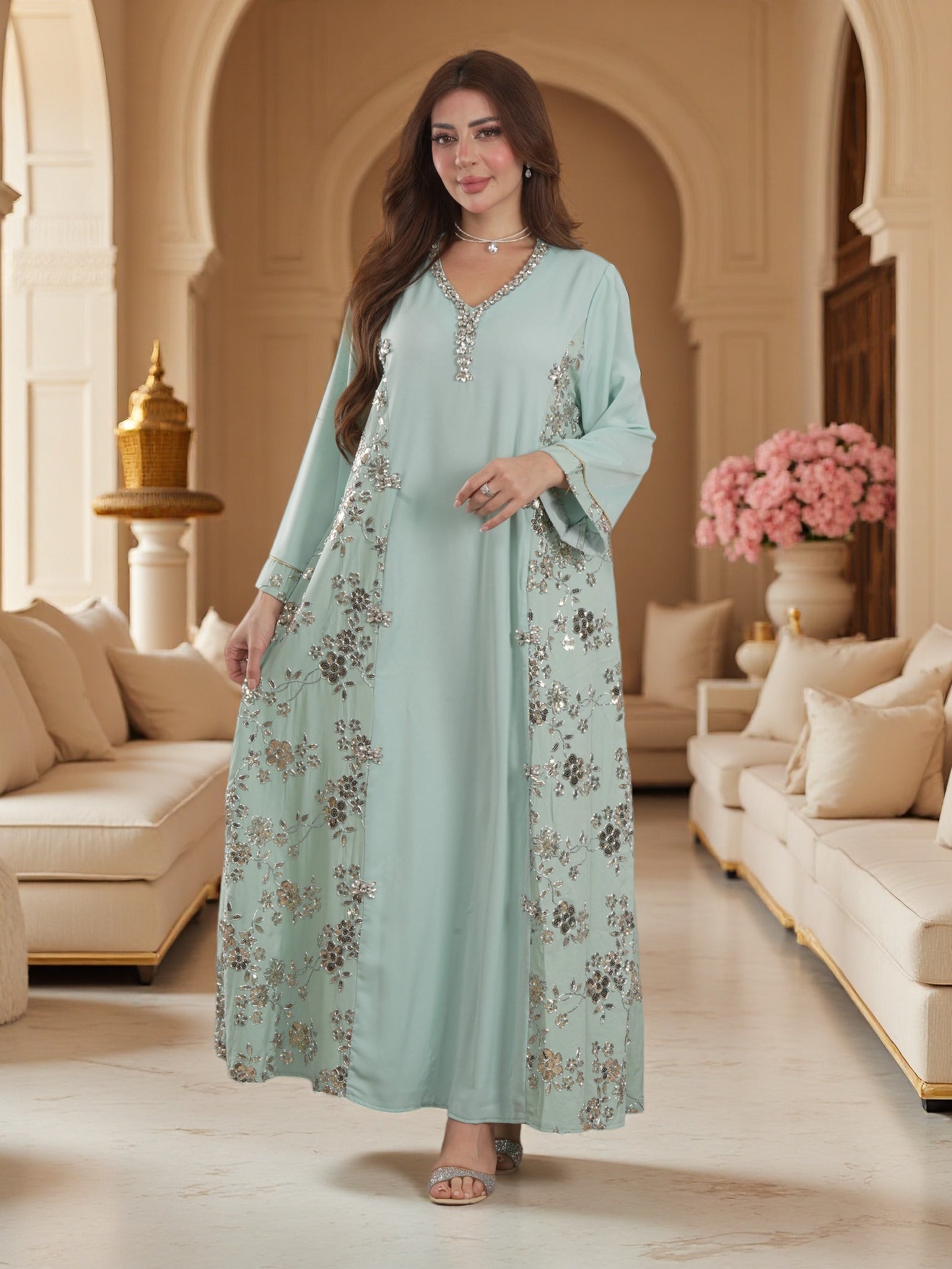 Floral Sequin Embroidered Jalabiya | Luxury Kaftan Maxi Dress
