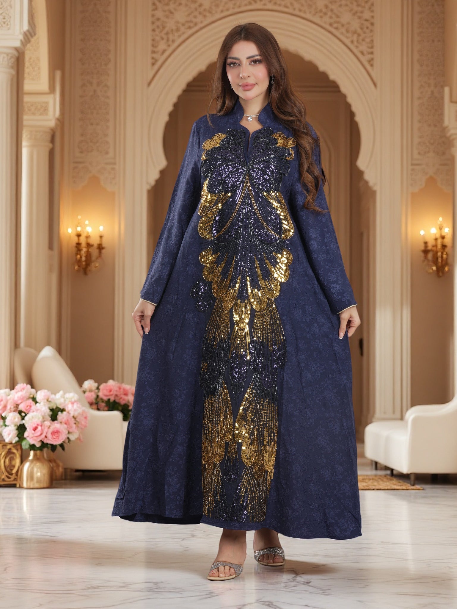 Women's Kaftan with Gold Sequin Peacock Embroidery Kaftan