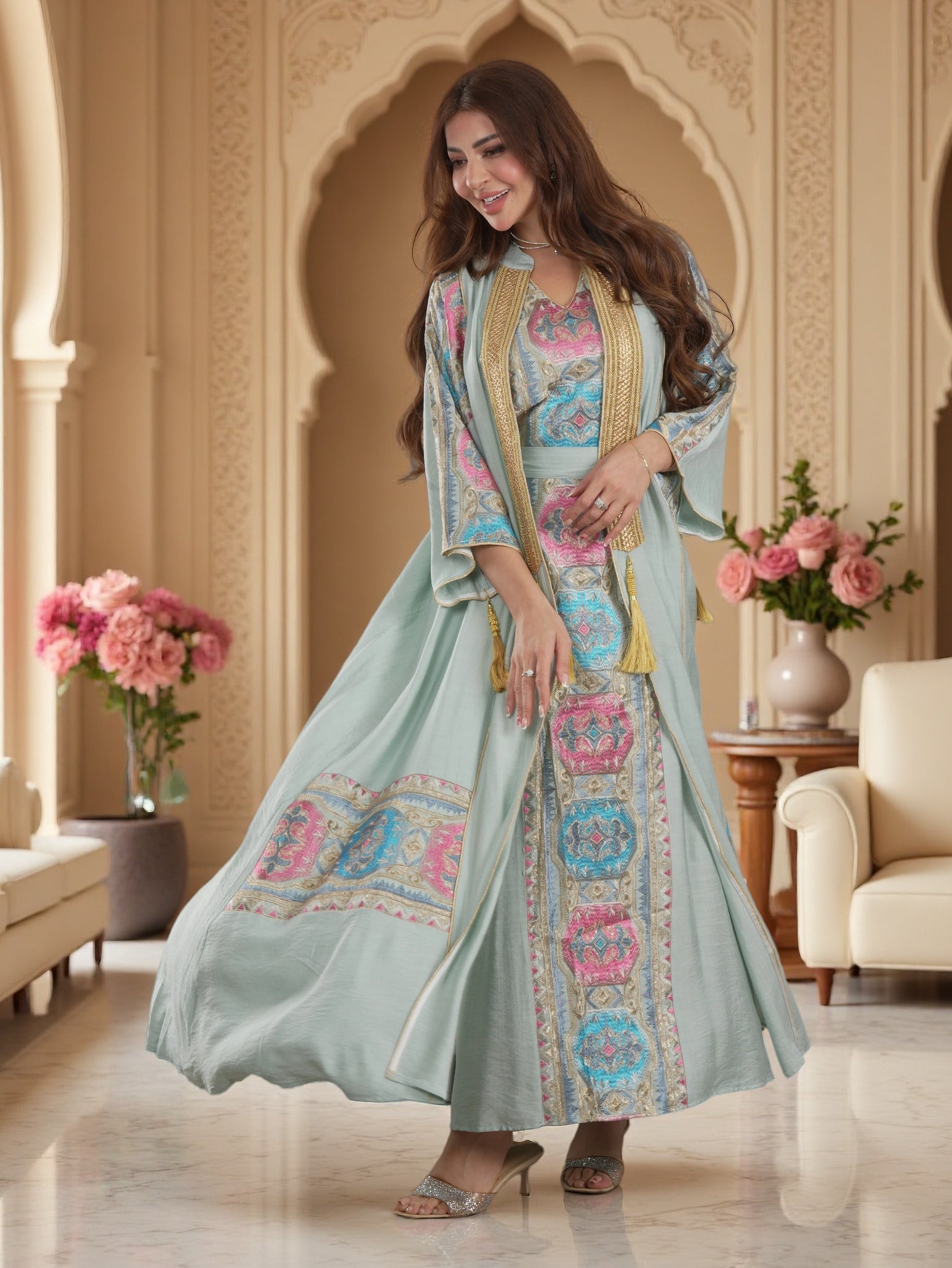 Tribal Jacquard Panel Abaya Set | Butterfly Sleeve Outer Abaya & Sleeveless Inner Dress