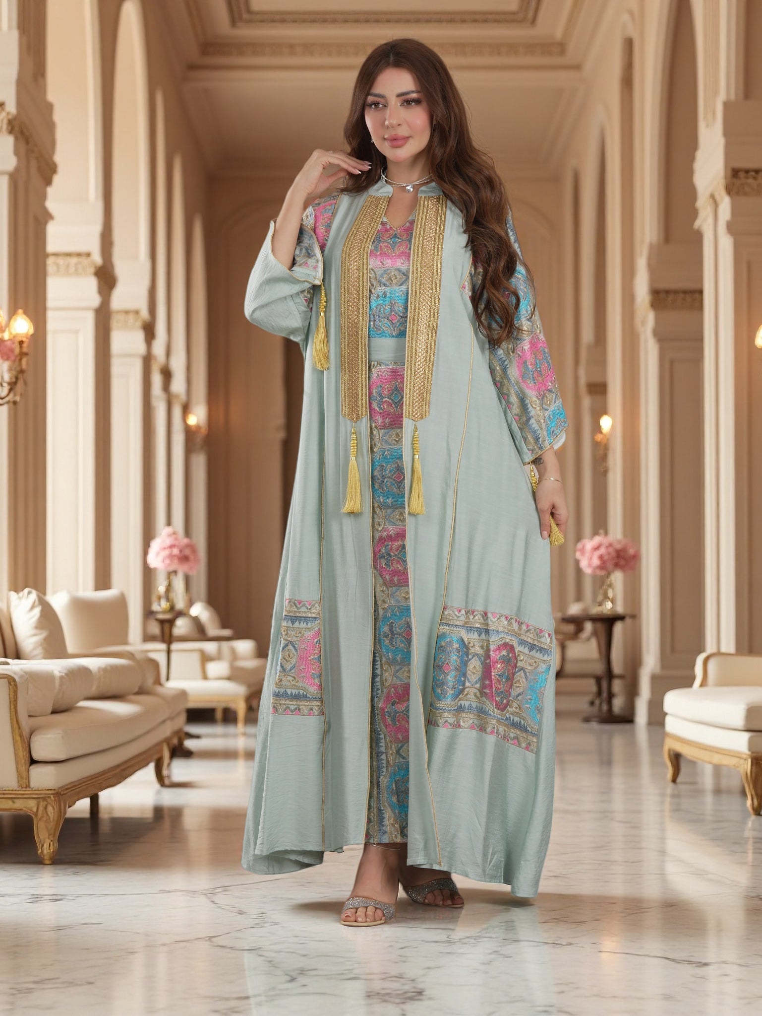 Tribal Jacquard Panel Abaya Set | Butterfly Sleeve Outer Abaya & Sleeveless Inner Dress