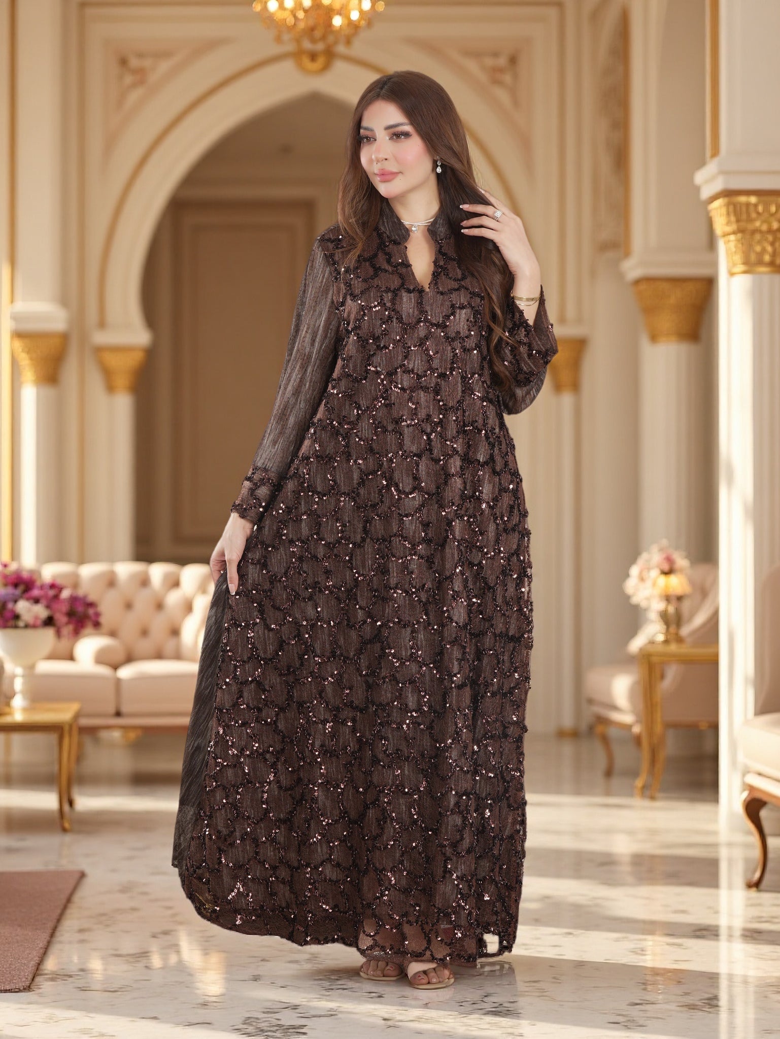 Luxury Sequin Embellished Maxi Kaftan Dress for Women – Elegant Modest Evening Gown