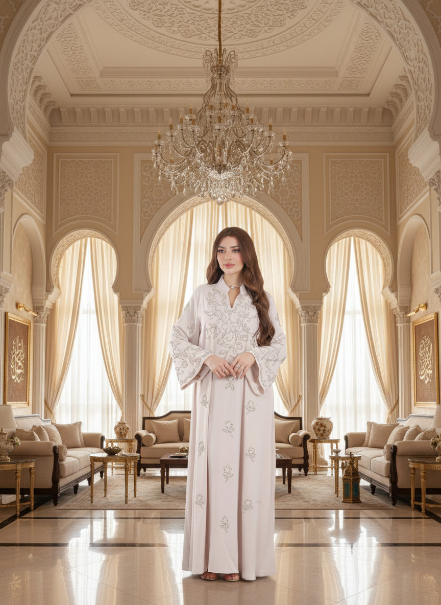 Silver Bead Floral Scattered Embroidered Jalabiya | Mandarin Collar Chiffon Kaftan Maxi Dress