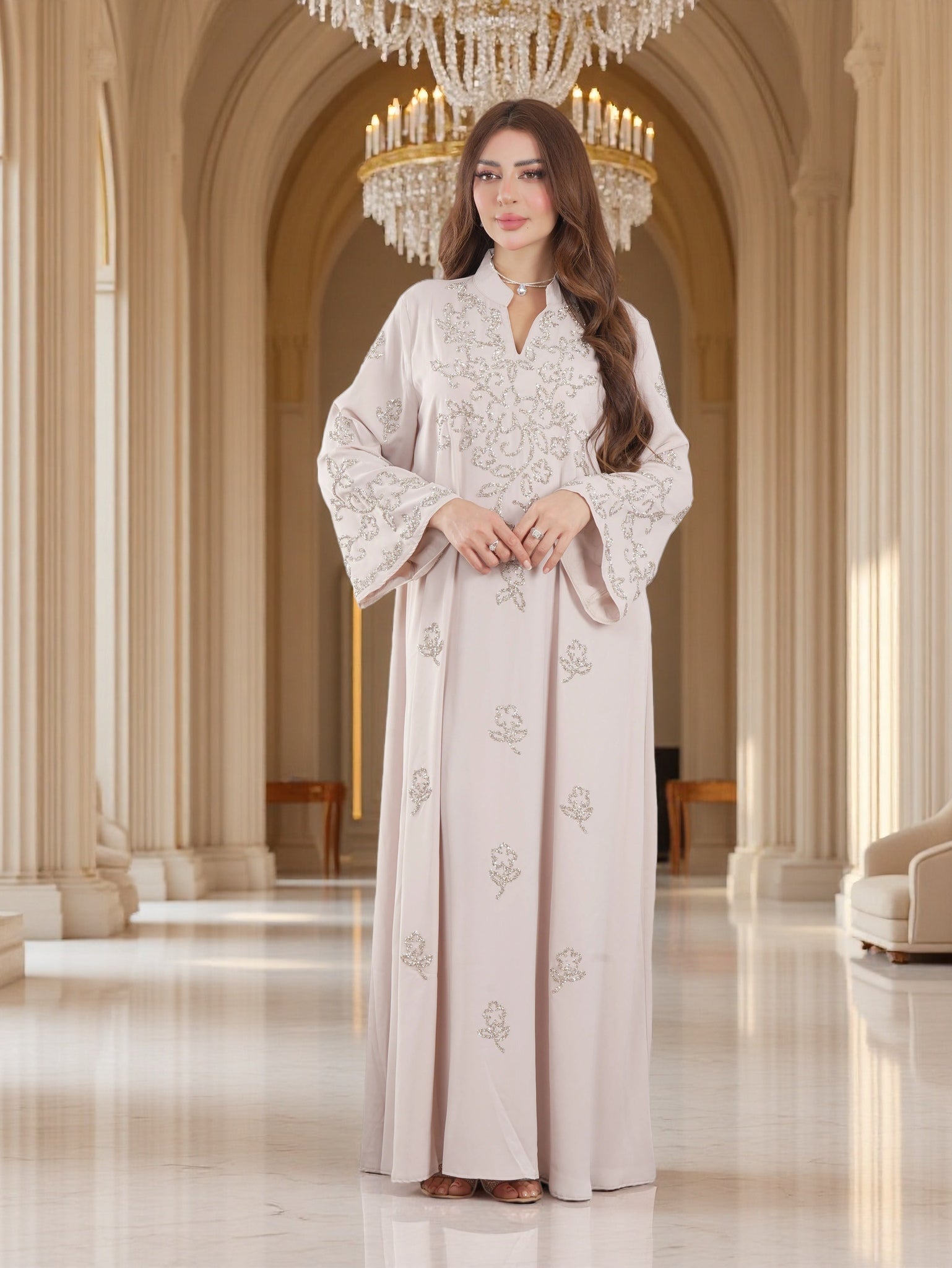 Silver Bead Floral Scattered Embroidered Jalabiya | Mandarin Collar Chiffon Kaftan Maxi Dress