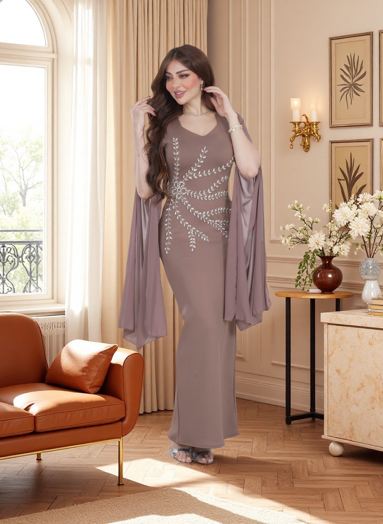 Luxury Embellished Evening Gown with Flowing Cape Sleeves