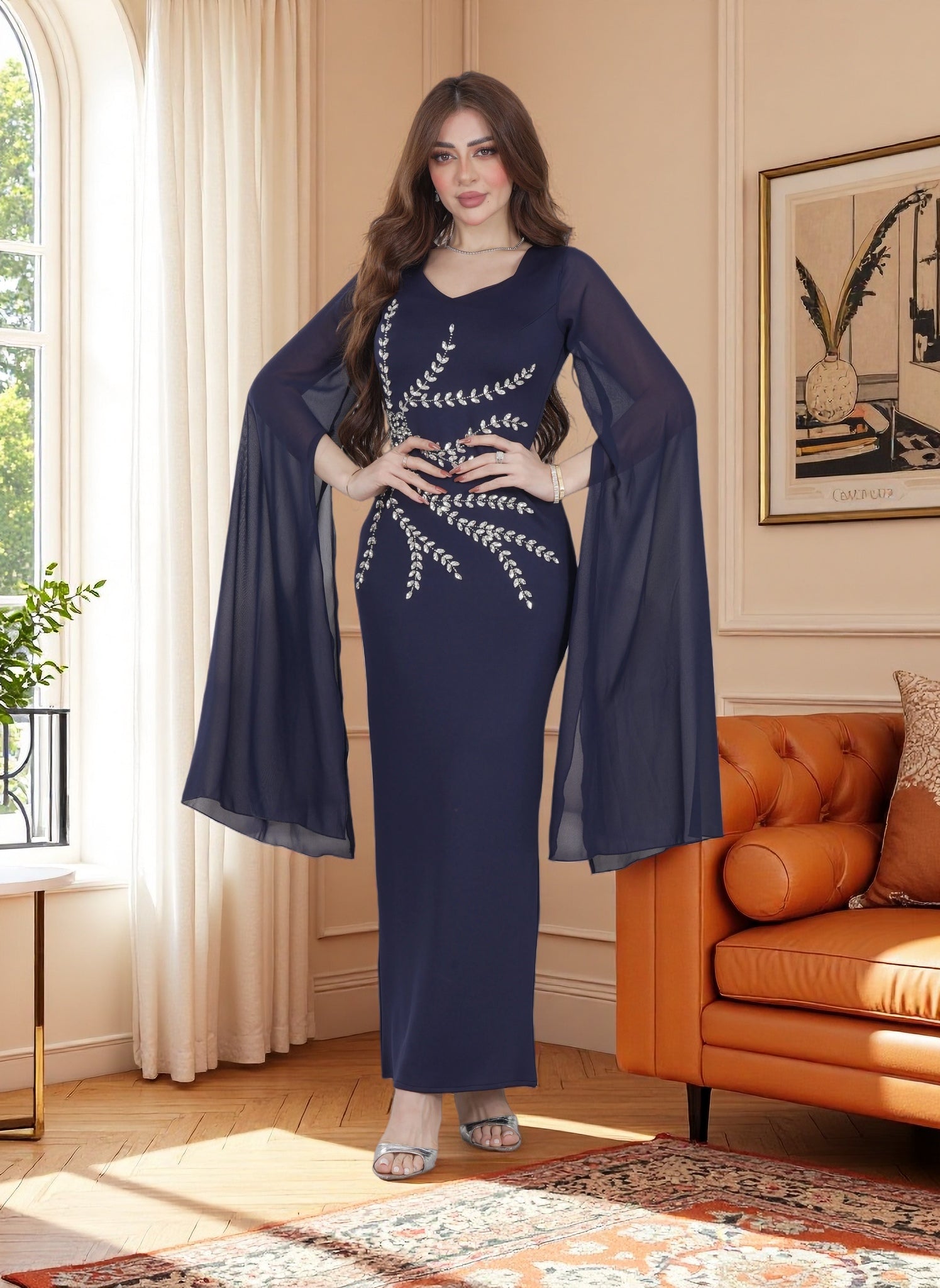 Luxury Embellished Navy Evening Gown with Flowing Cape Sleeves