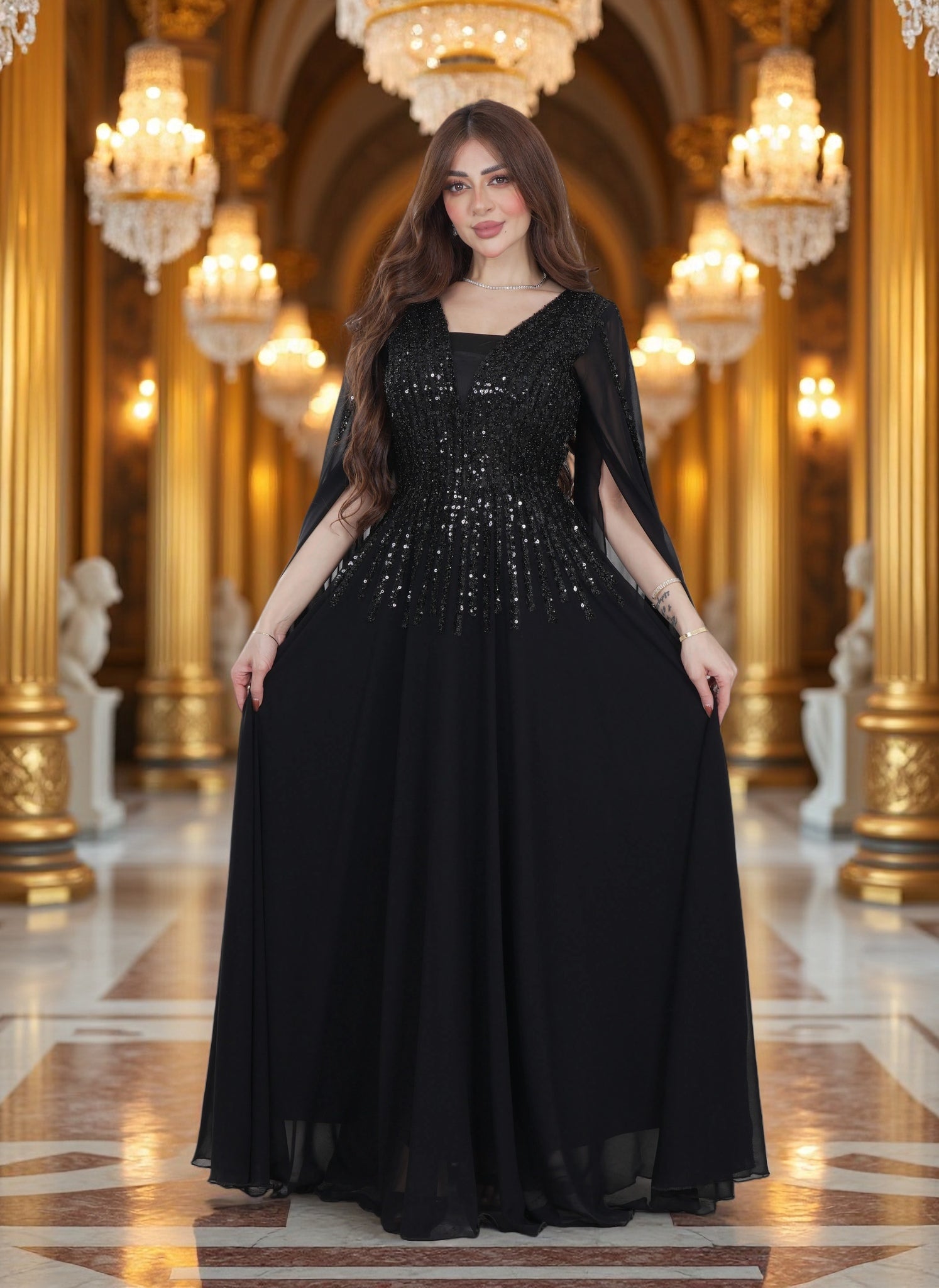Luxury Sequin Embellished Evening Gown with Sheer Cape Sleeves