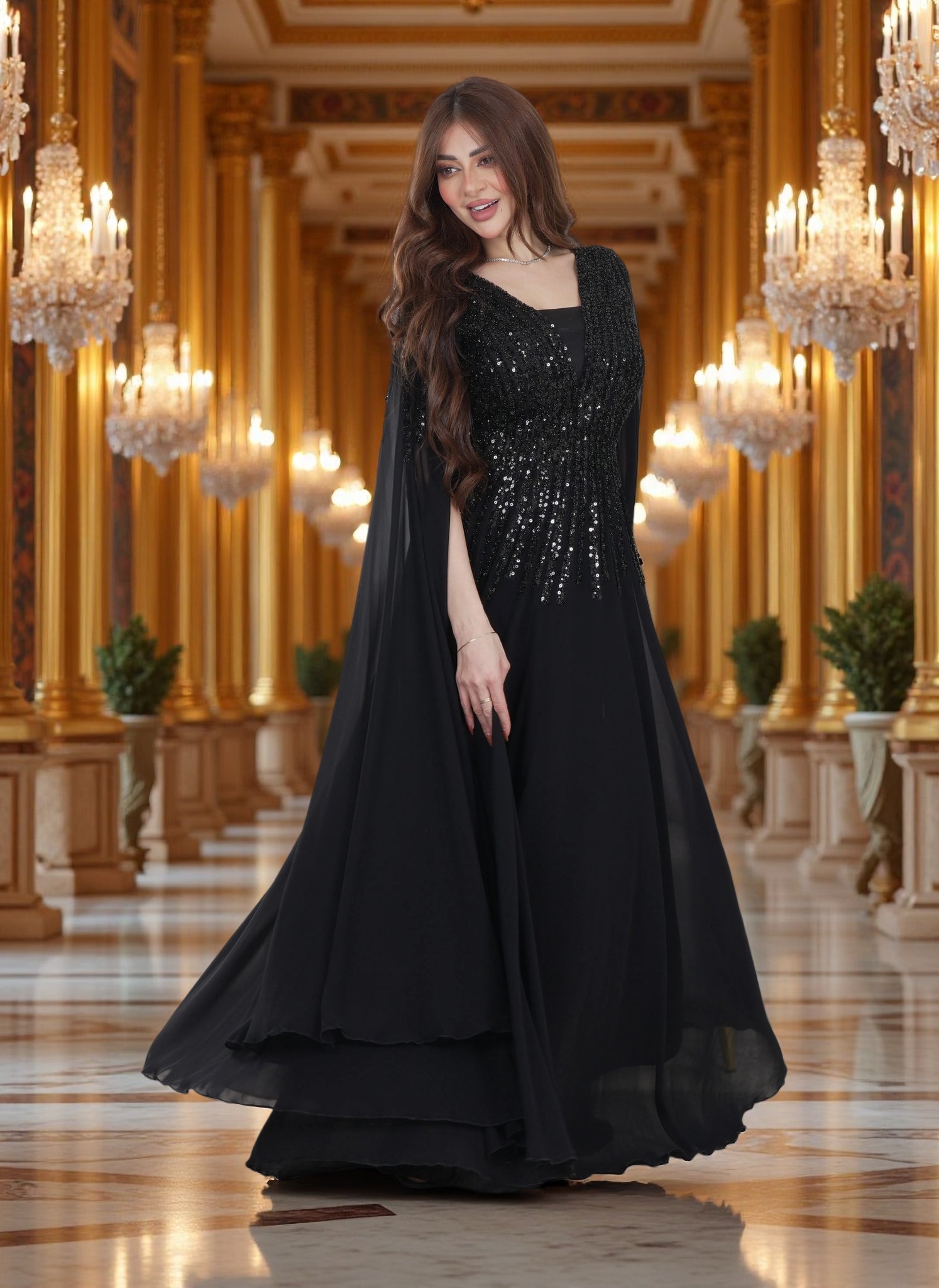 Luxury Sequin Embellished Evening Gown with Sheer Cape Sleeves