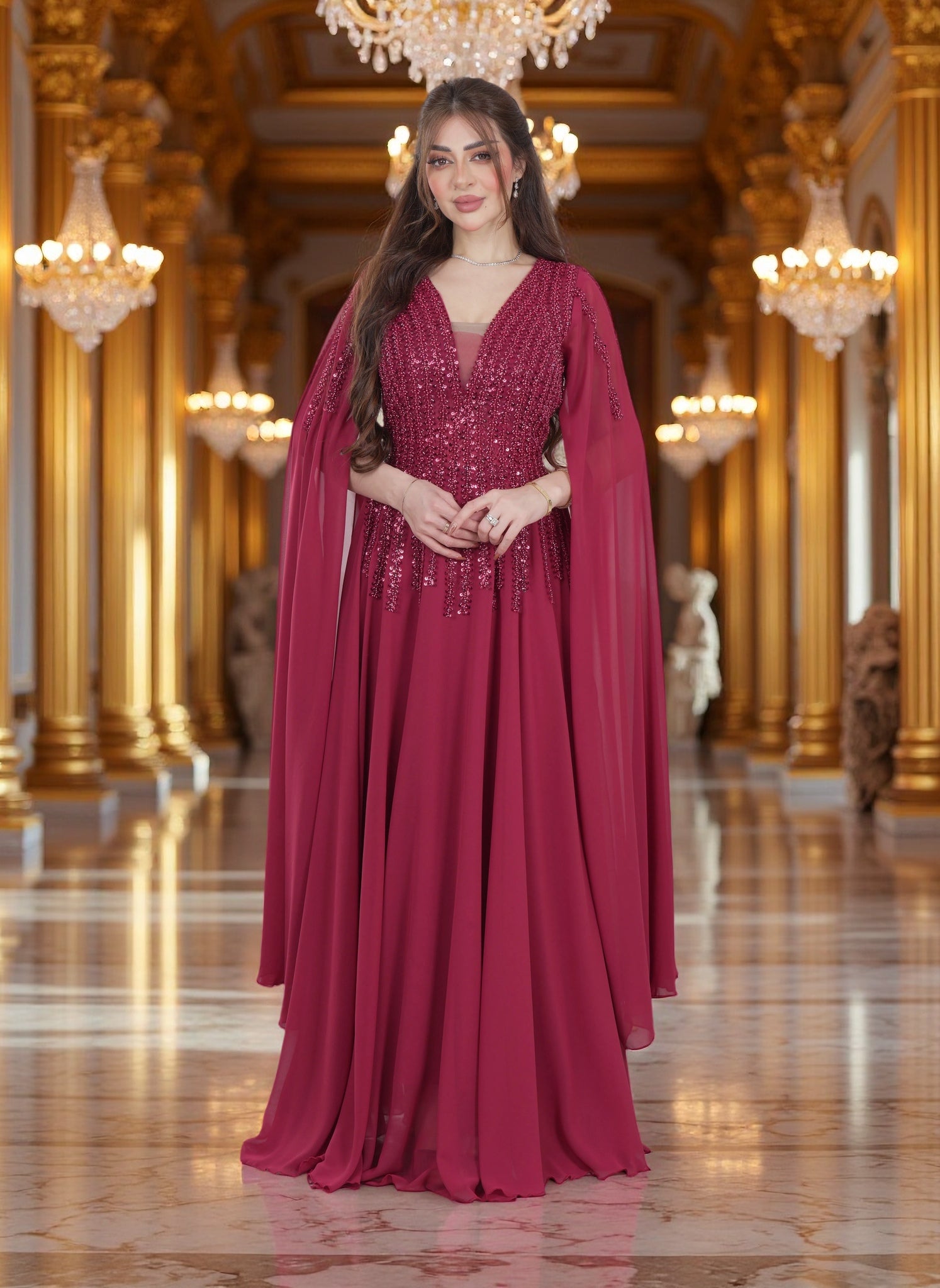 Luxury Elegant Evening Gown Dress with Long Sheer Sleeves