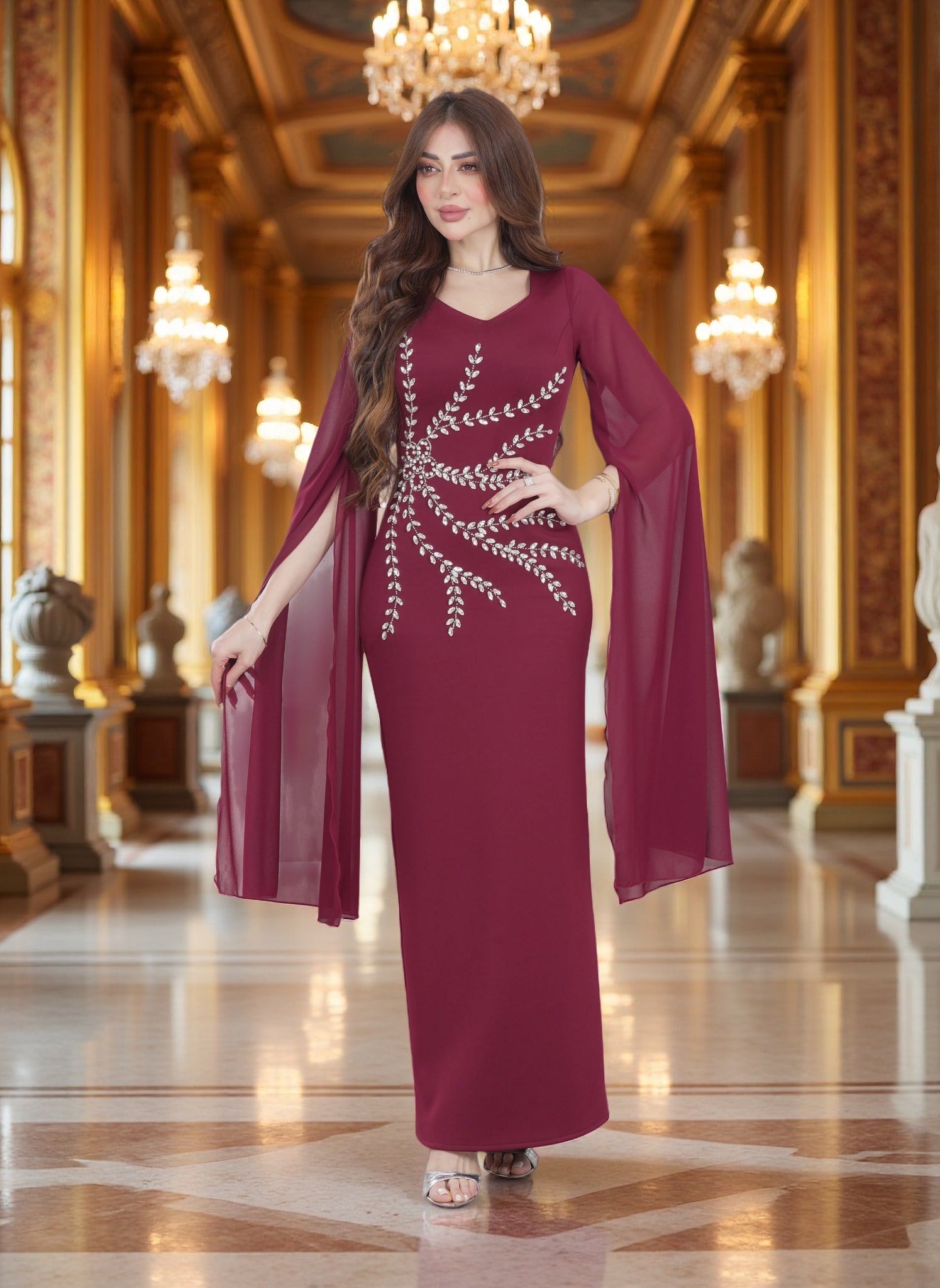 Luxury Evening Gown with Flowing Cape Sleeves
