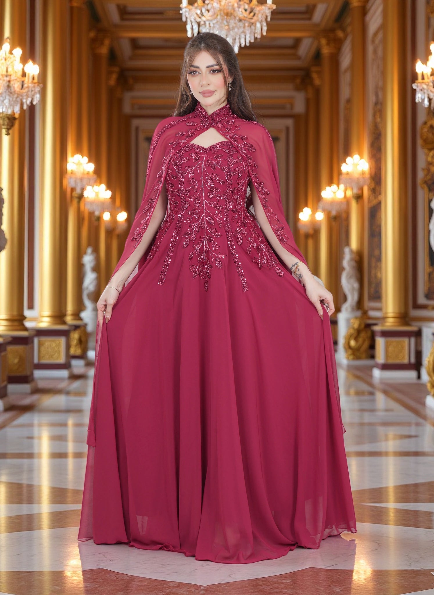 Luxury Embroidered  Evening Gown with Cape Overlay | Luxury evening wear