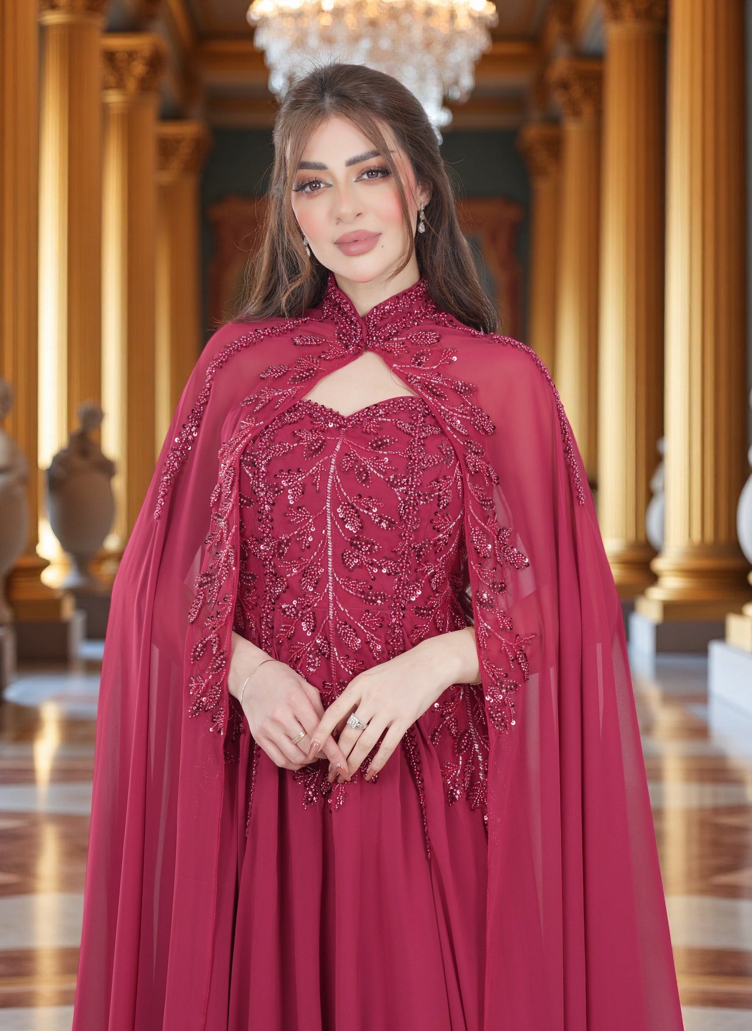 Luxury Embroidered  Evening Gown with Cape Overlay | Luxury evening wear