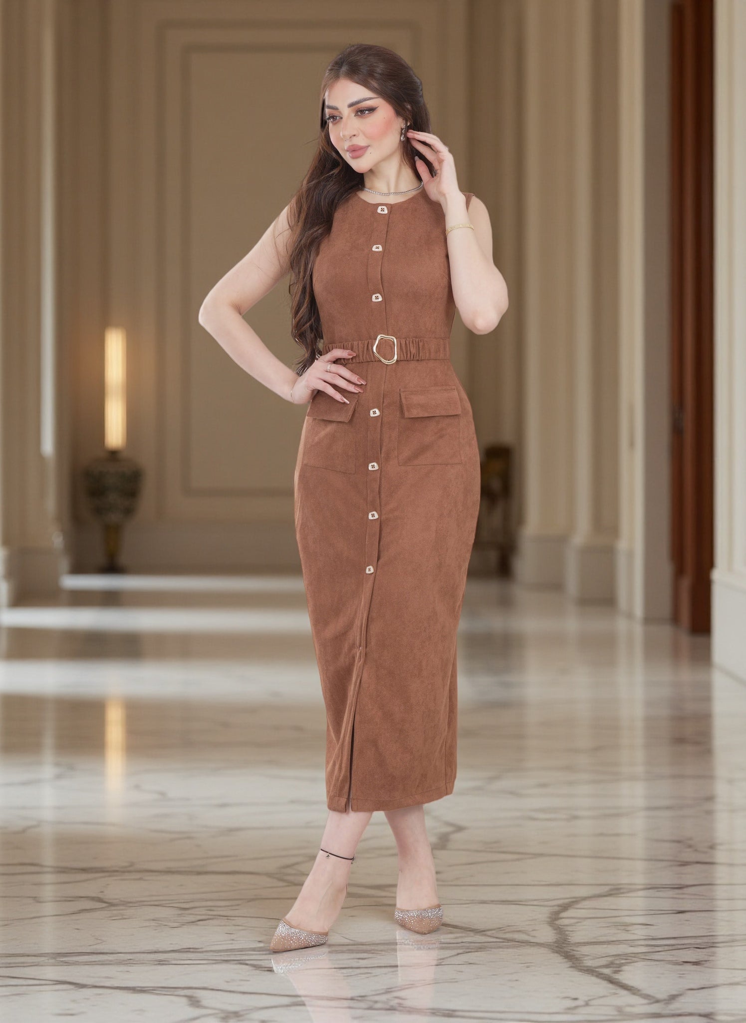 Women’s Sleeveless Button-Front Midi Dress with Belt
