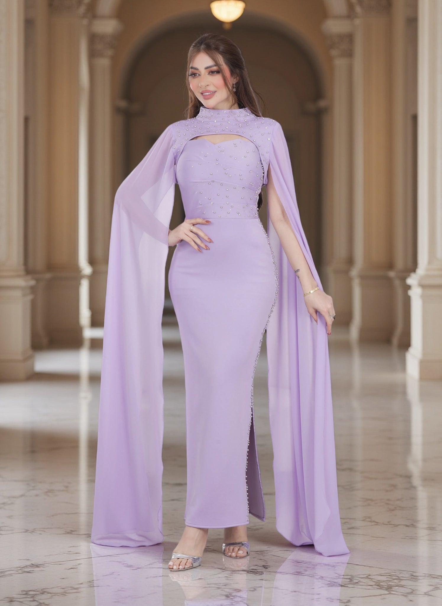 Luxury Lilac Embellished Evening Gown – Elegant Cape Sleeve Dress