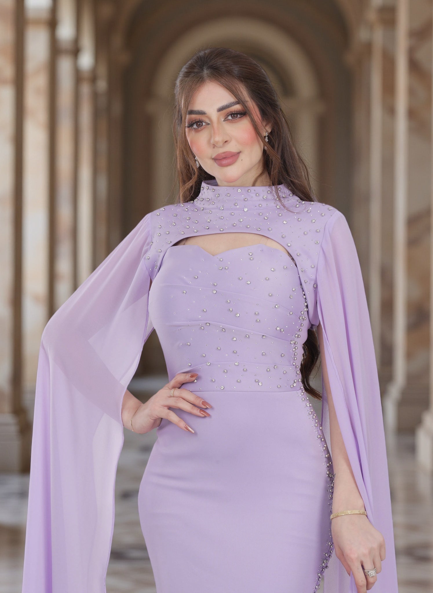 Luxury Lilac Embellished Evening Gown – Elegant Cape Sleeve Dress