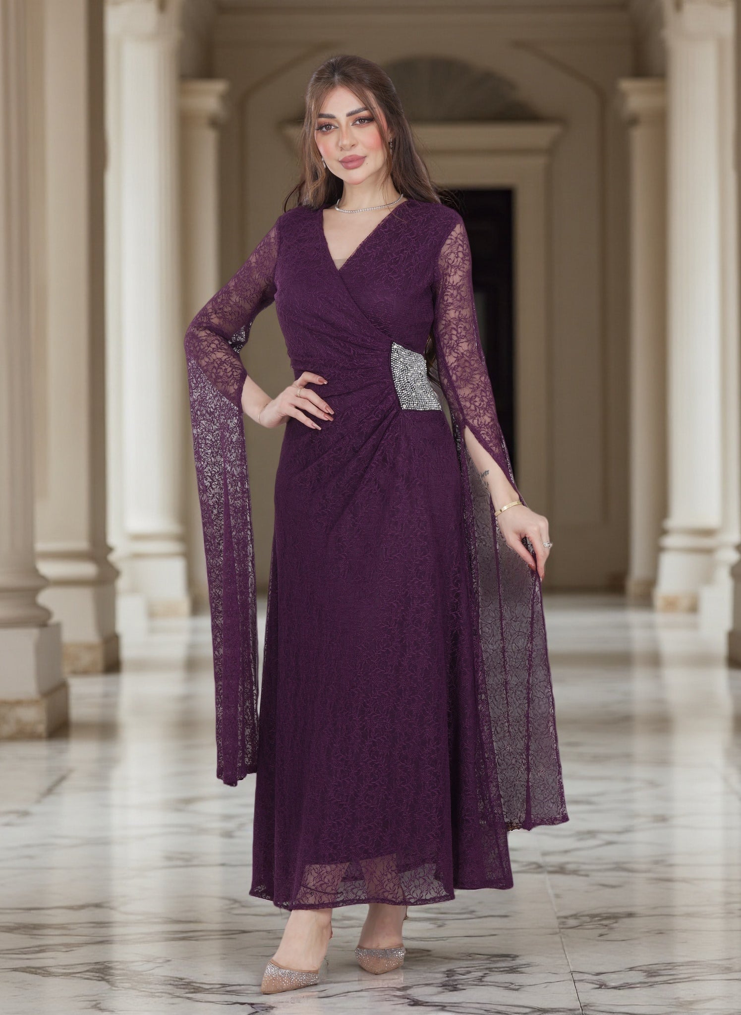 Luxury Plum Lace Evening Gown – Elegant Long Dress for Weddings & Formal Events