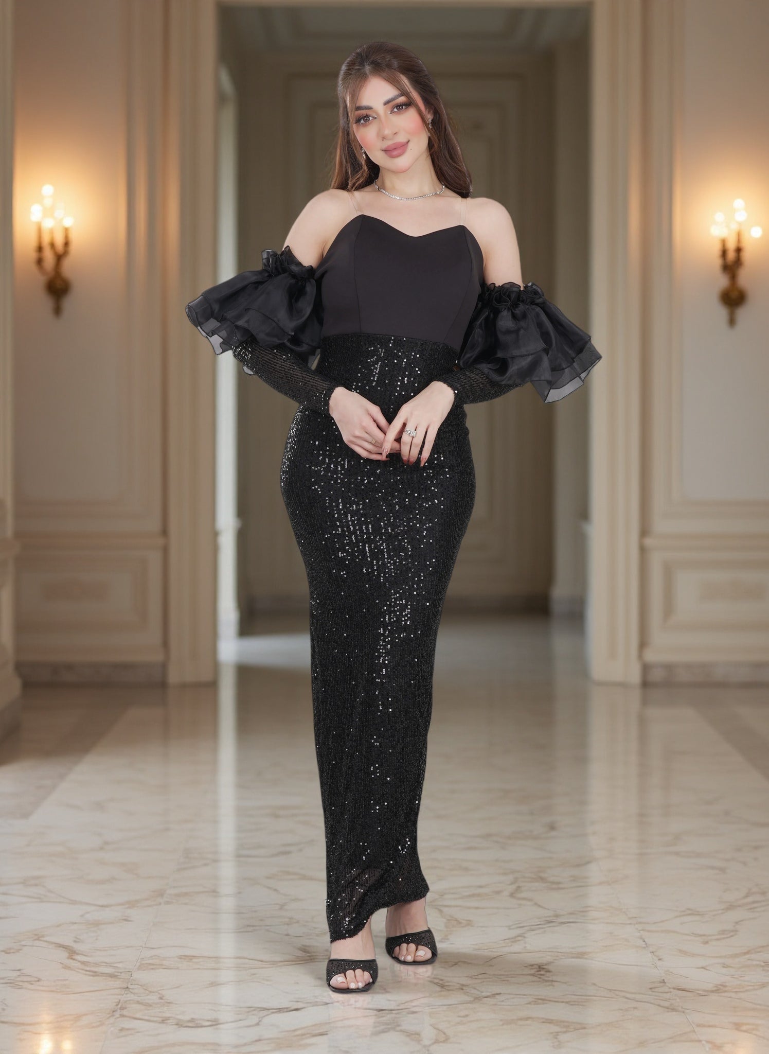 Black Sequin Mermaid Evening Gown with off-the-shoulder Bishop Sleeves