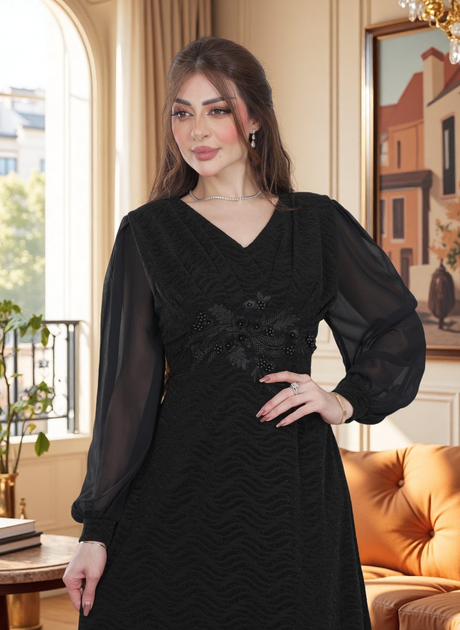 Elegant Black Evening Gown with Embroidered Waist FineLook Elegant Black Evening Gown with Embroidered Waist FineLook