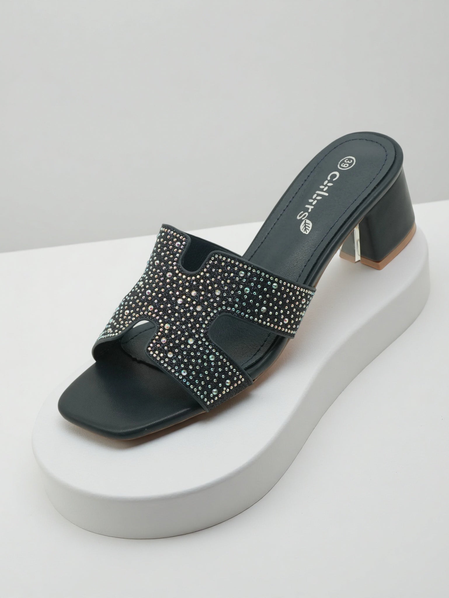 Women's Navy Blue Rhinestone Cutout Low Block Heel Slide Sandals - Sparkly Square Toe Mules
