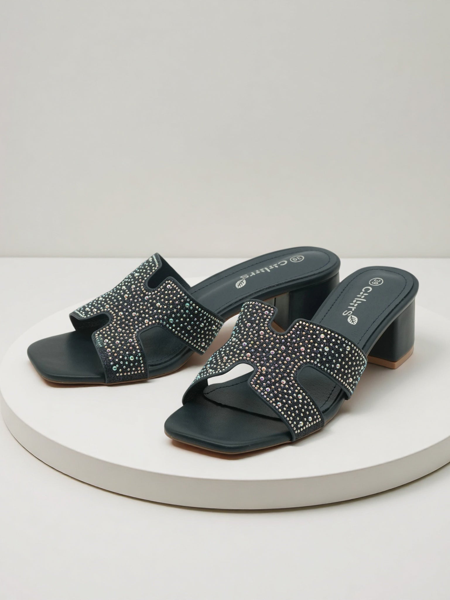 Women's Navy Blue Rhinestone Cutout Low Block Heel Slide Sandals - Sparkly Square Toe Mules