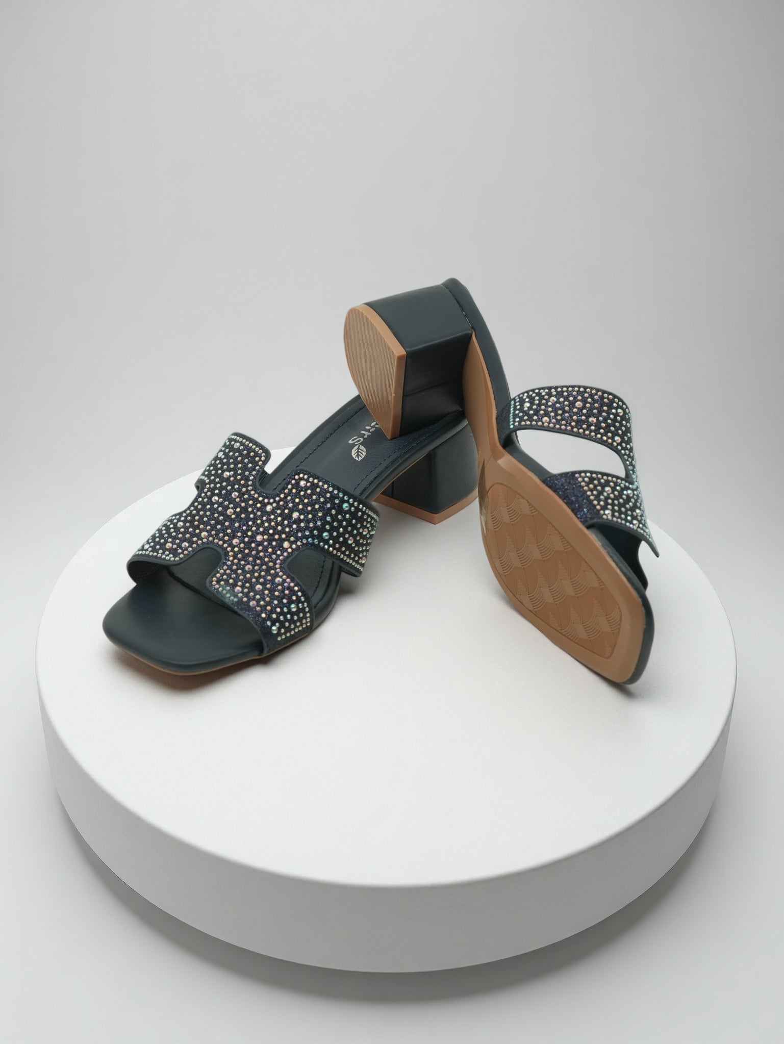 Women's Navy Blue Rhinestone Cutout Low Block Heel Slide Sandals - Sparkly Square Toe Mules