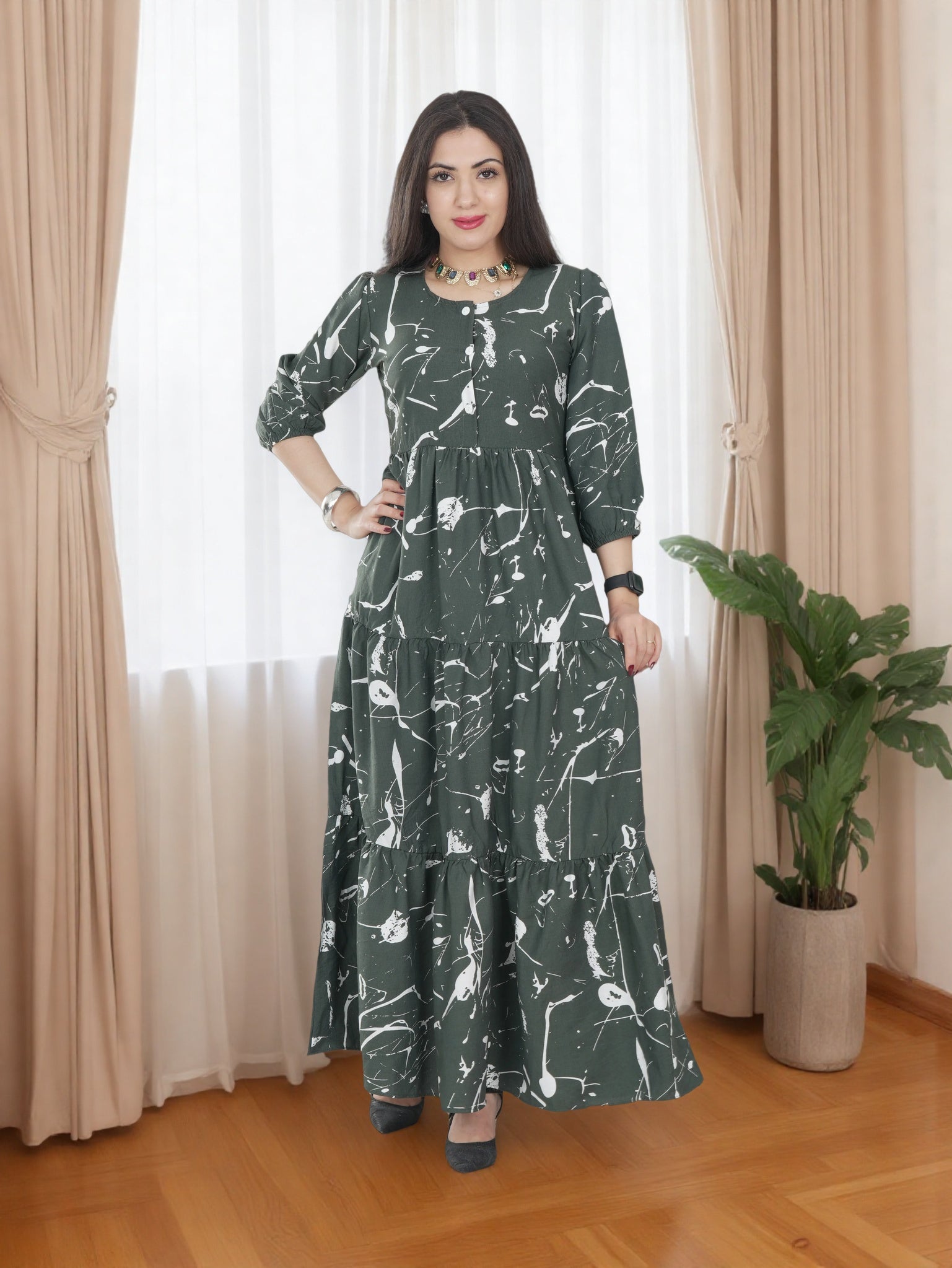 Women Pattern Long Royal Olive Green Dress