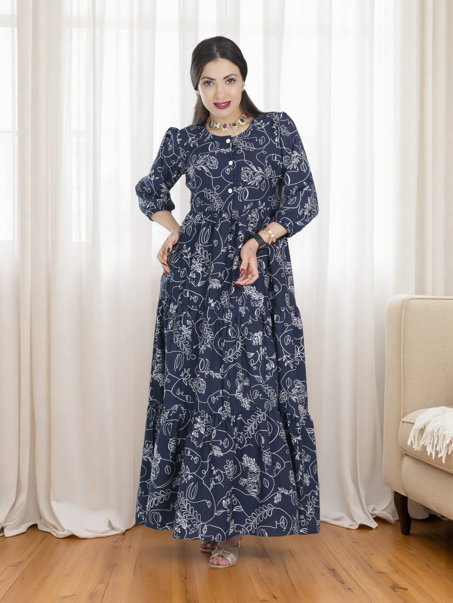 Elegant Navy Blue Maxi Dress with White Floral Print – Modest Long Sleeve Abaya Style