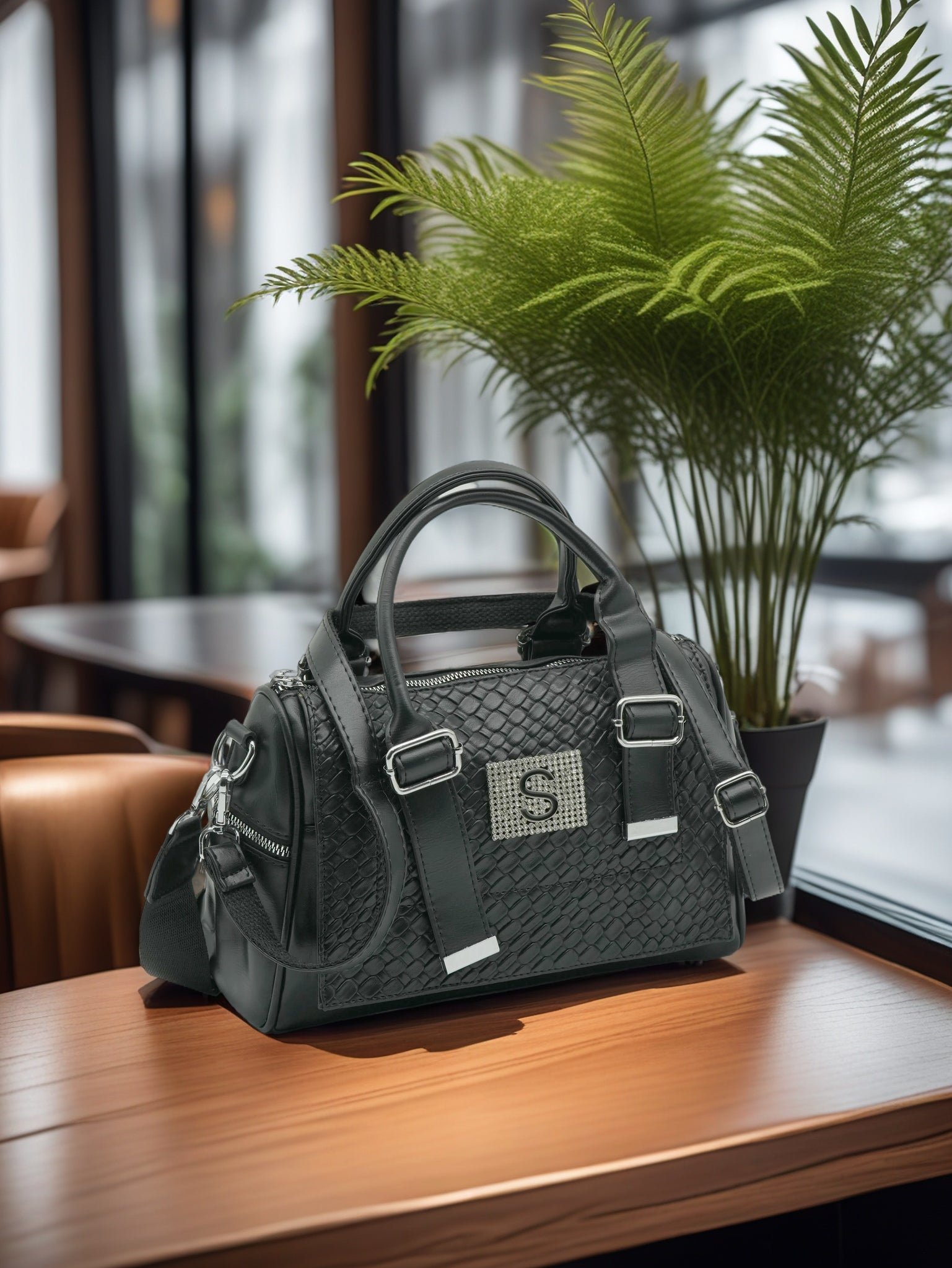 Elegant Cream Faux Leather Satchel Handbag for Women – Textured Croc Pattern with Rhinestone “S” Emblem & Silver Hardware