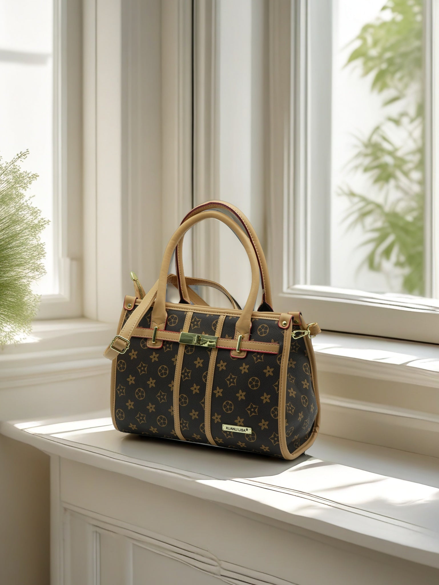 Women’s Designer-Inspired Brown Monogram Tote Handbag with Gold Lock & Top Handles