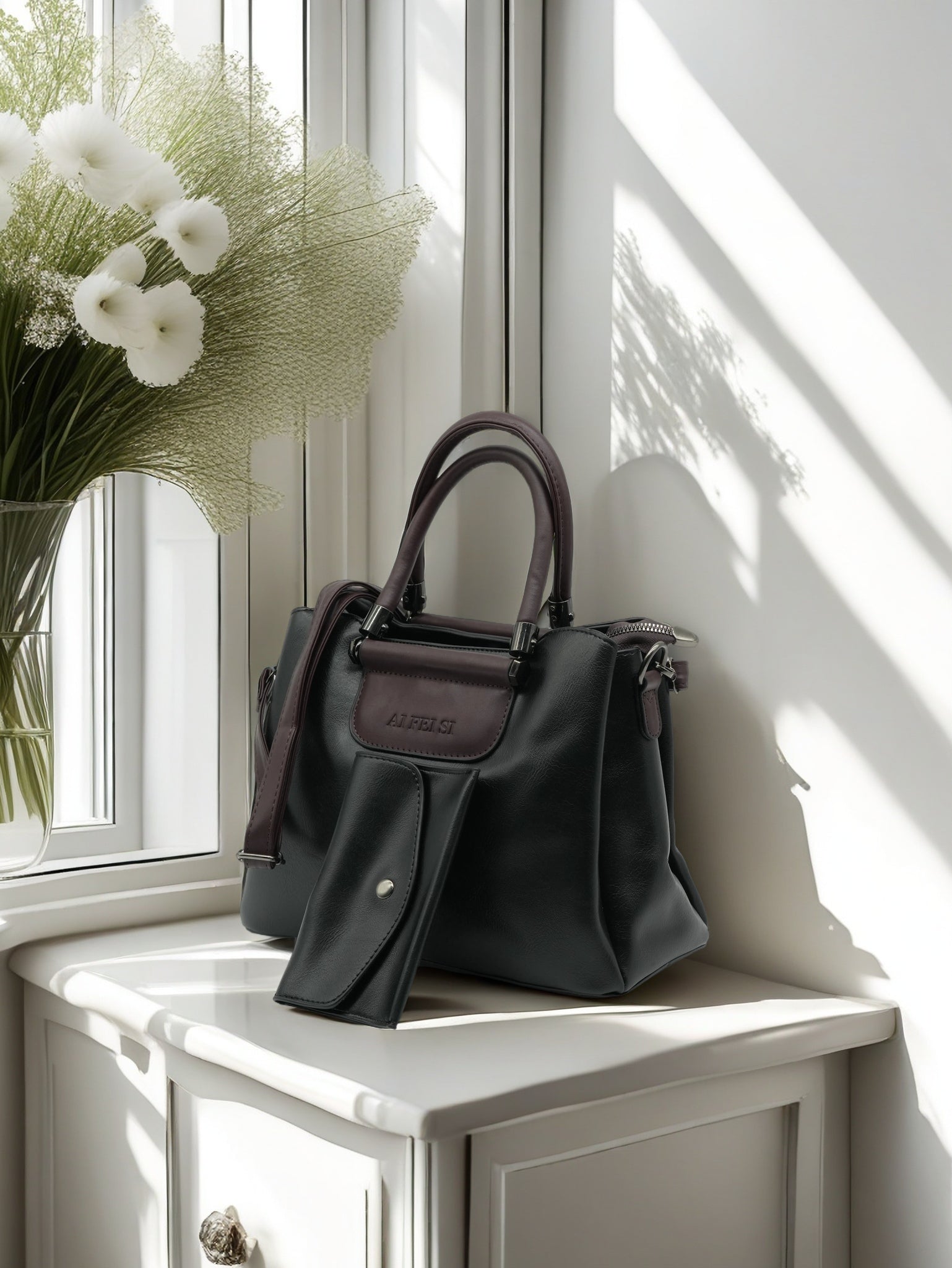 Luxury Two-Tone PU Leather Women Handbag Set with Matching Wallet