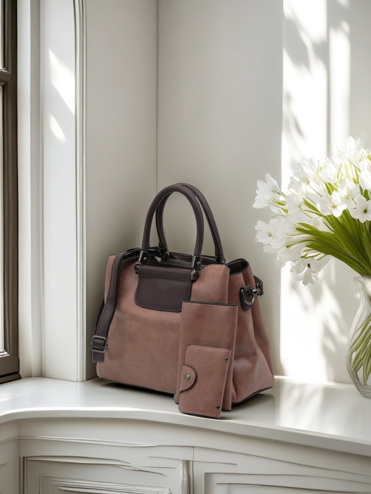 Luxury Two-Tone PU Leather Women Handbag Set with Matching Wallet
