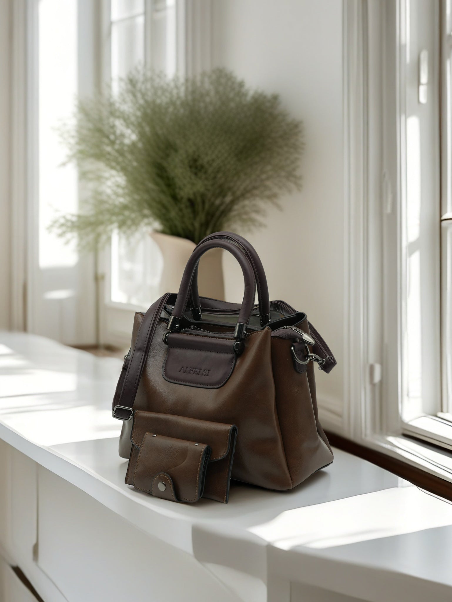Luxury Two-Tone PU Leather Women Handbag Set with Matching Wallet