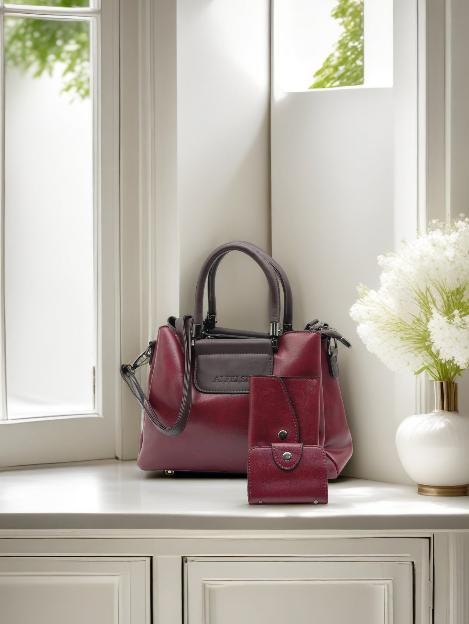 Luxury Two-Tone PU Leather Women Handbag Set with Matching Wallet