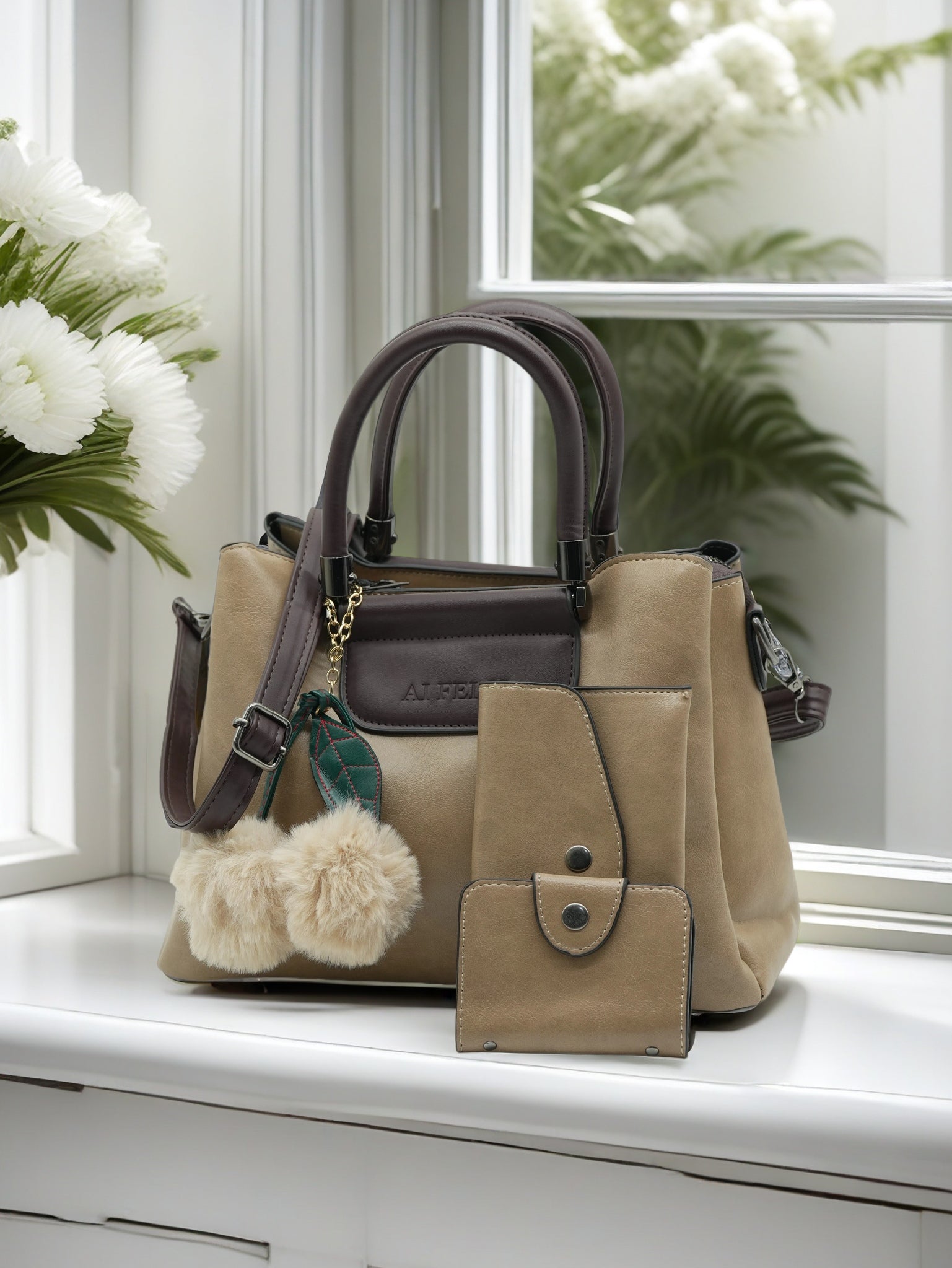Luxury Two-Tone PU Leather Women Handbag Set with Matching Wallet
