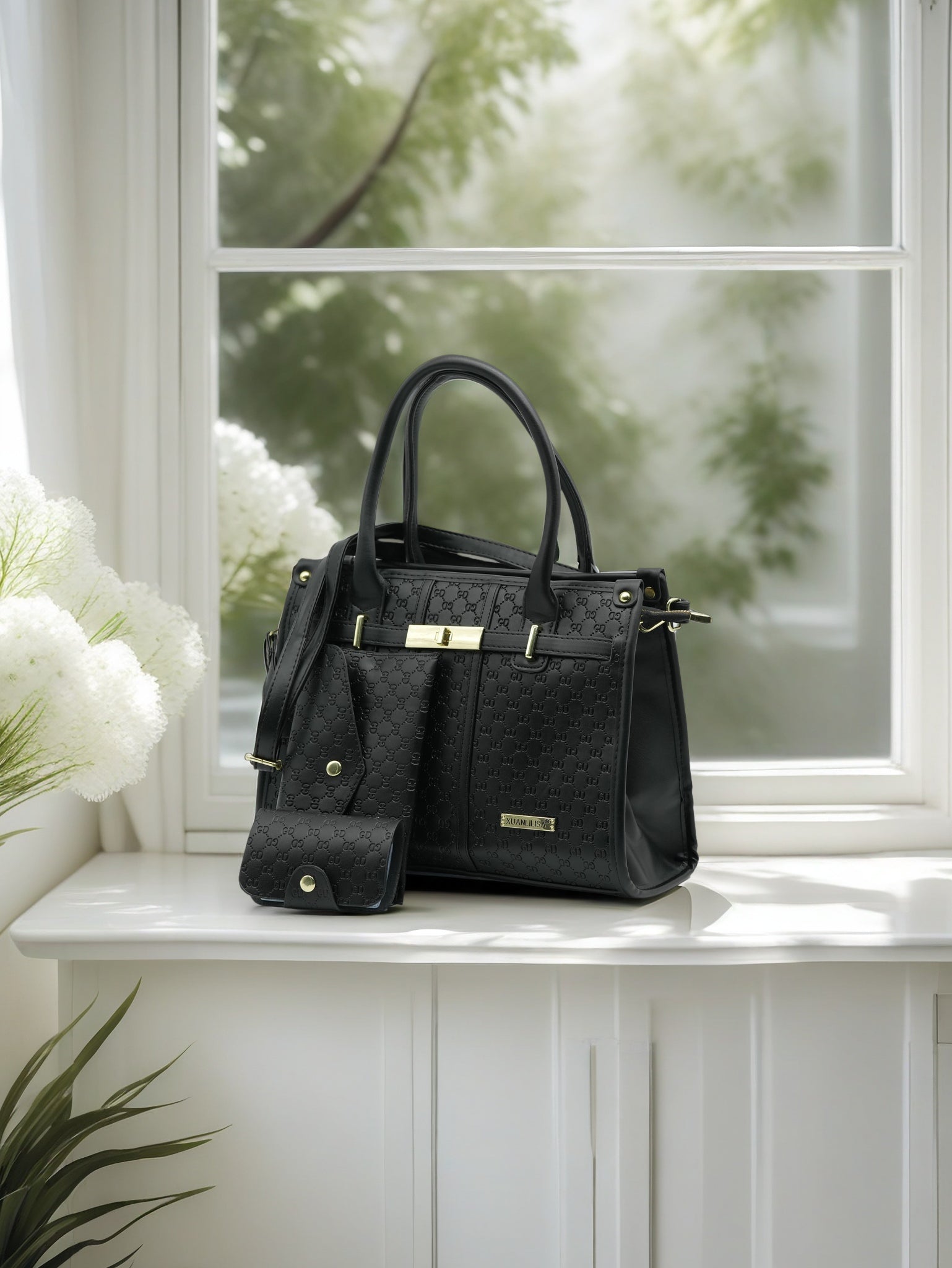 Women’s Designer-Inspired Brown Monogram Tote Handbag with Gold Lock & Top Handles