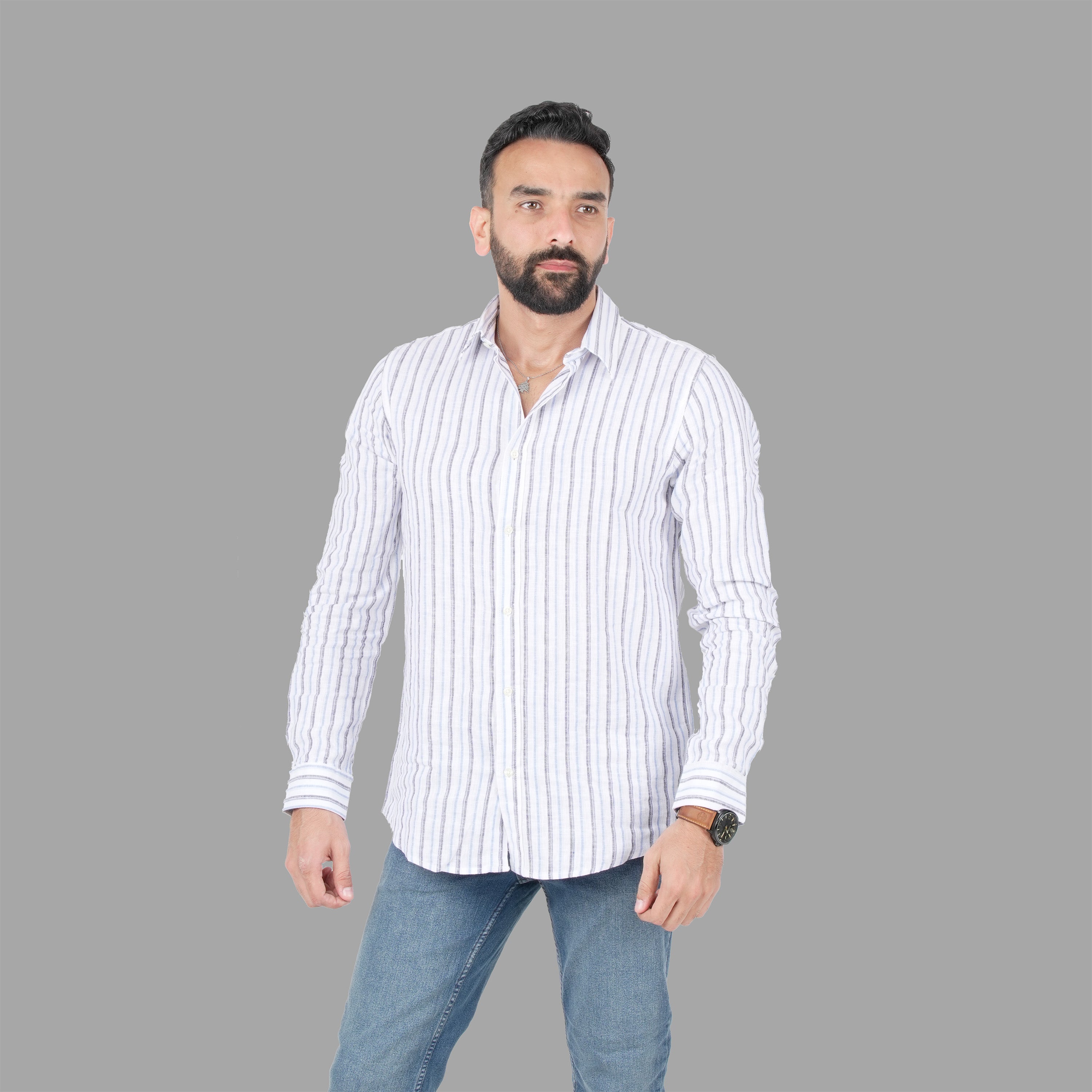 Men's White & Blue Vertical Stripe Long Sleeve Casual Shirt – Slim Fit Cotton Blend