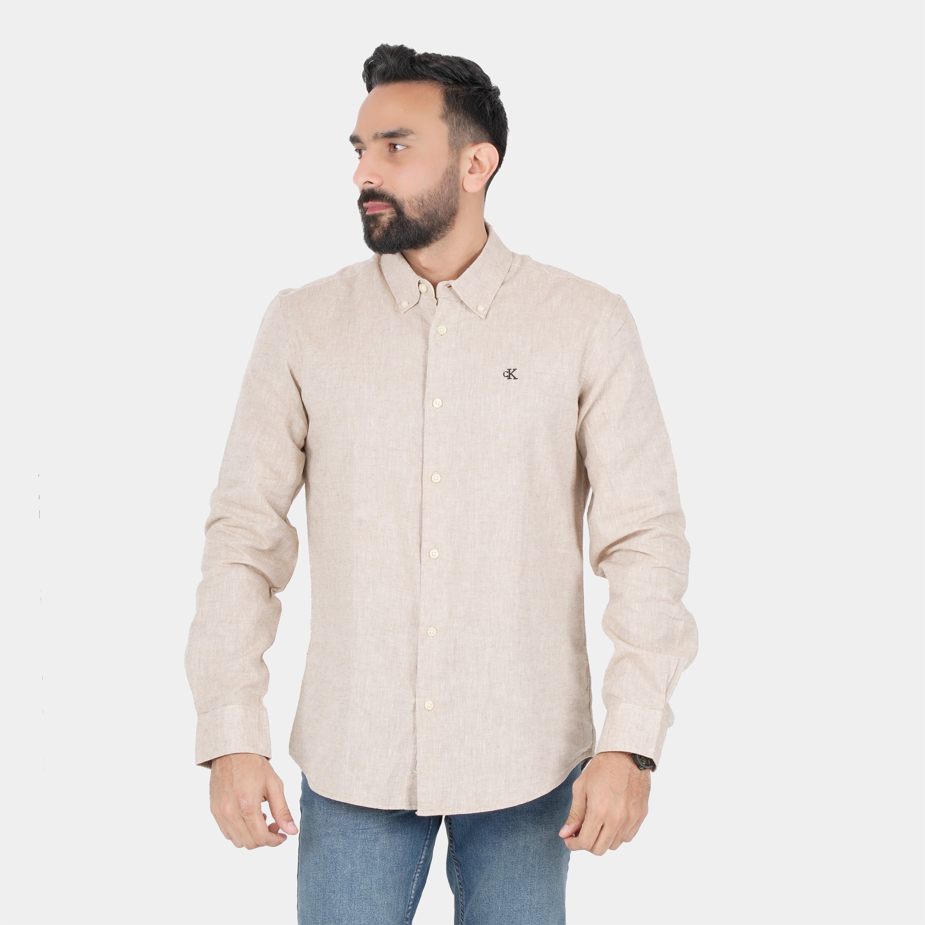 Men's Beige Linen-Feel Button-Down Shirt – Smart Casual with CK Logo Embroidery