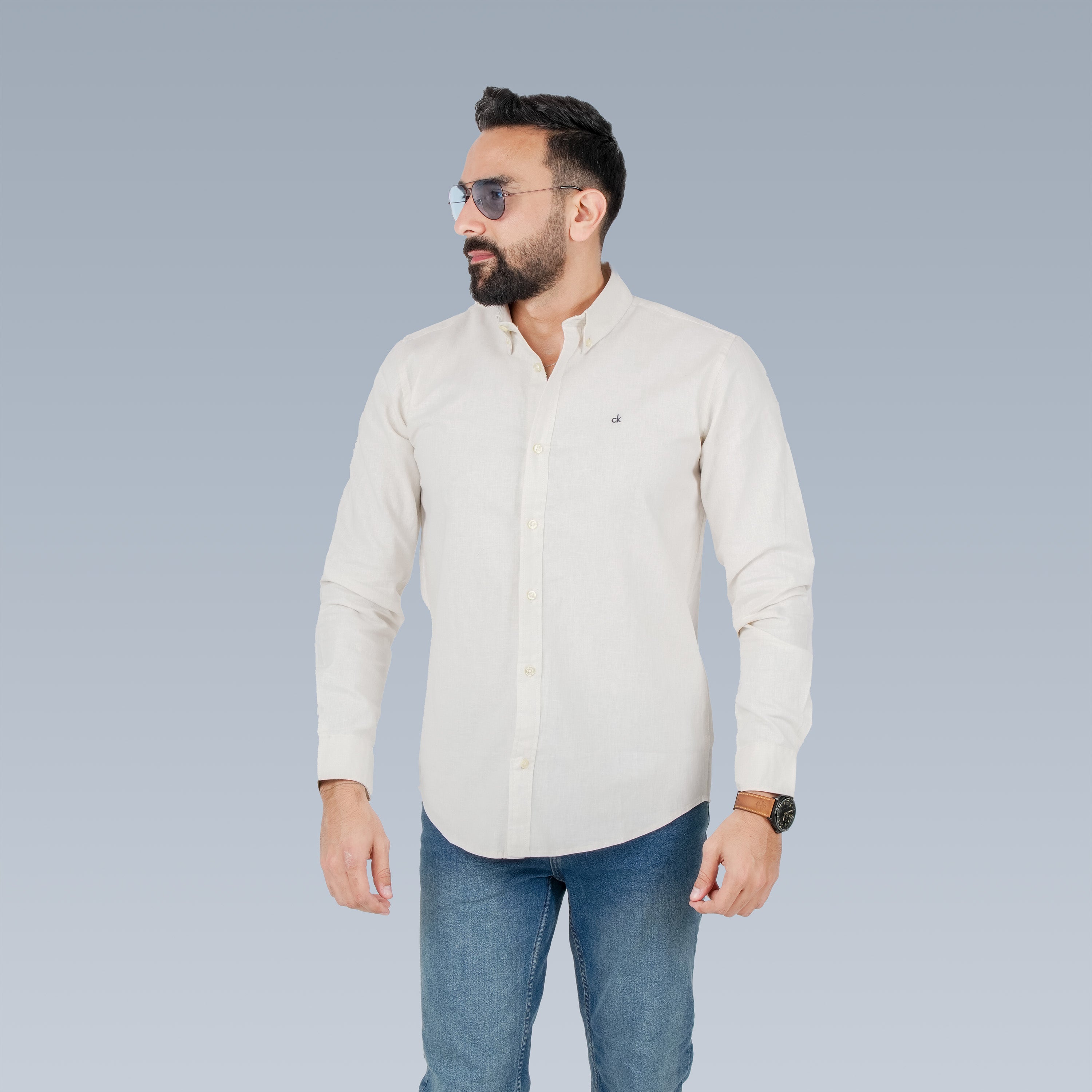 Men's Classic Cream Button-Down Shirt – Slim Fit Cotton Blend with CK Embroidery