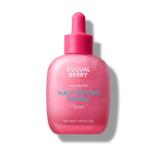 Pink serum bottle with a dropper labeled 'Equal Berry' on a white background