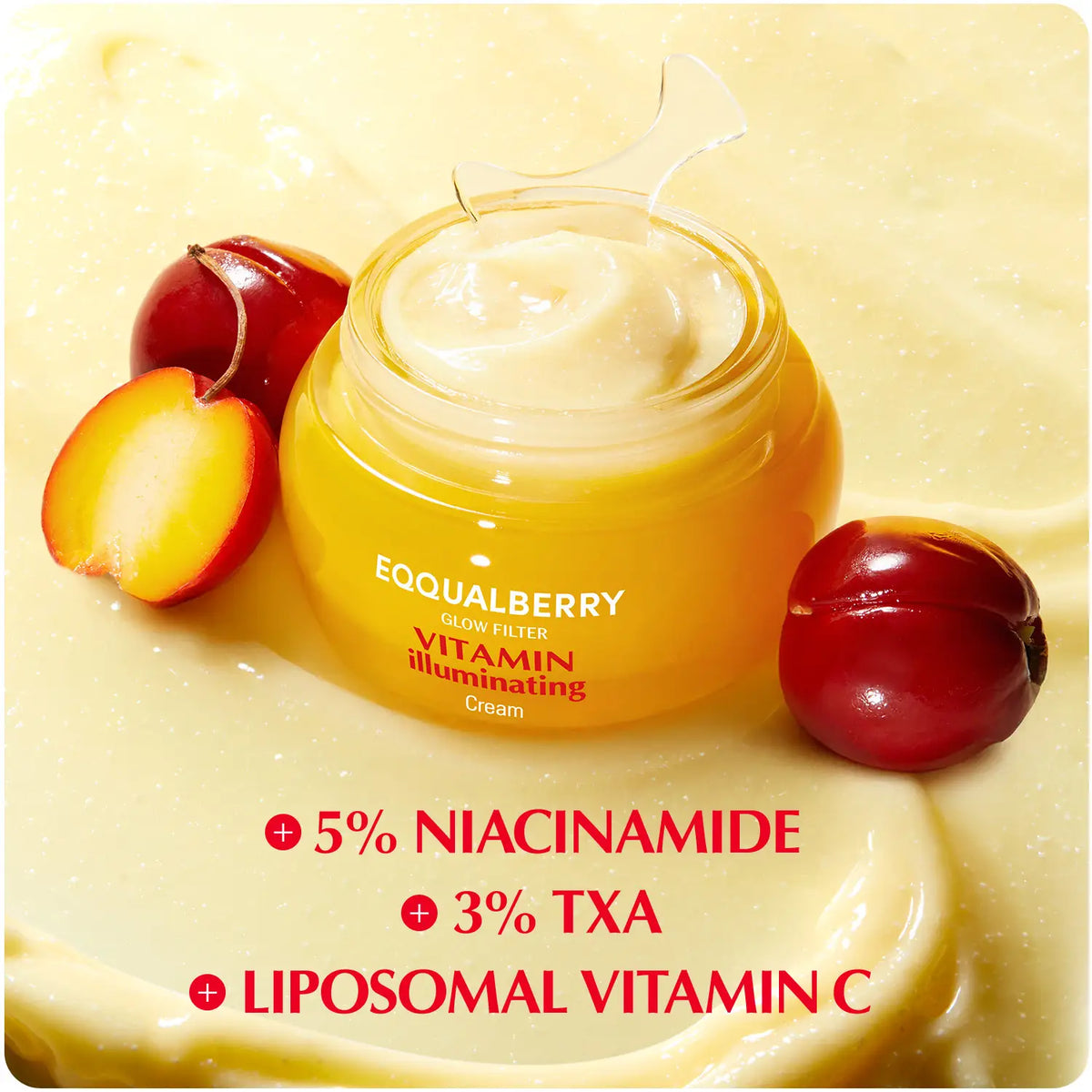 Cream jar with cherry fruits on a cream background, featuring Equalberry skincare product.