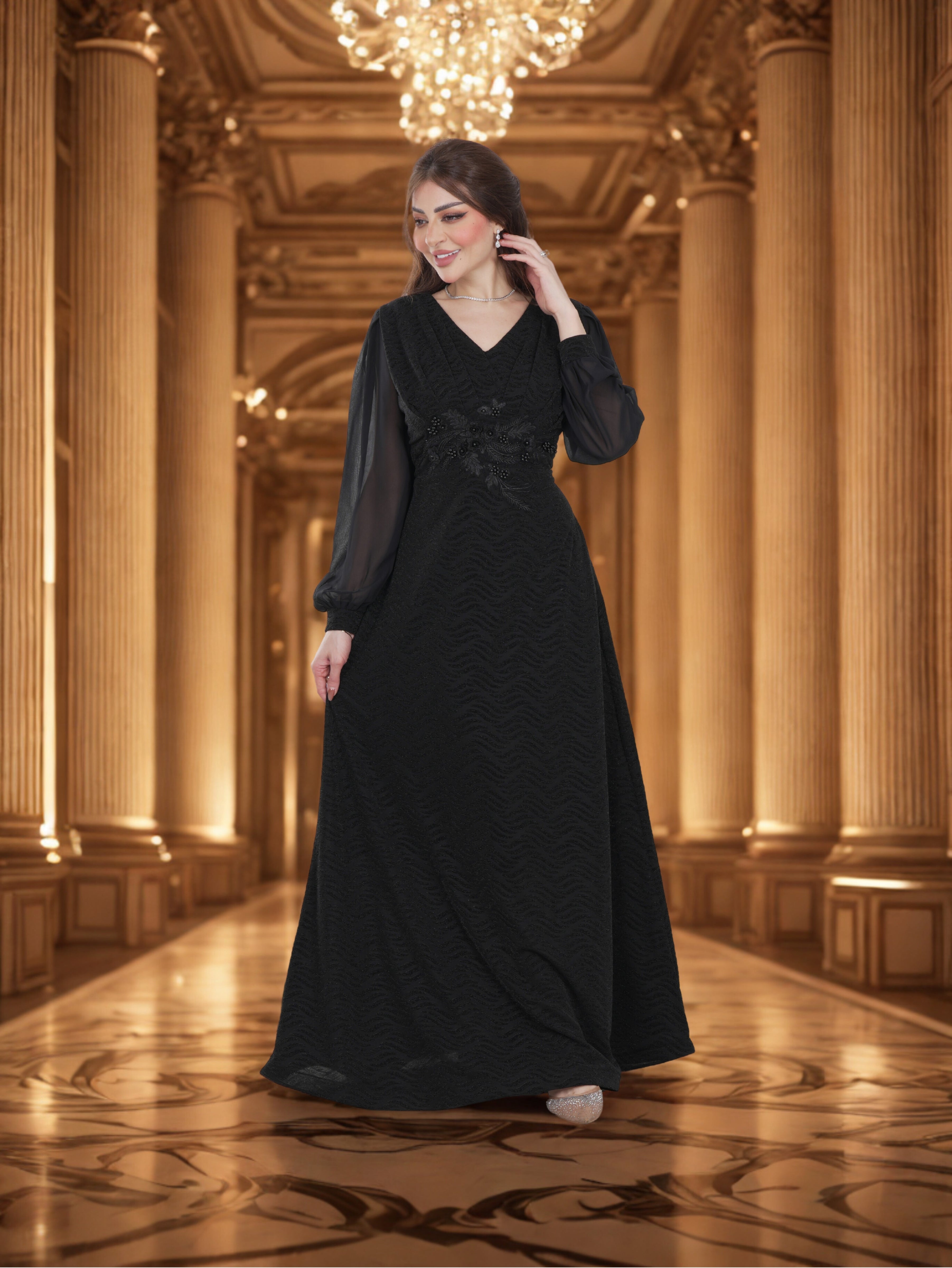 Elegant Black Evening Gown with Embroidered Waist FineLook Elegant Black Evening Gown with Embroidered Waist FineLook