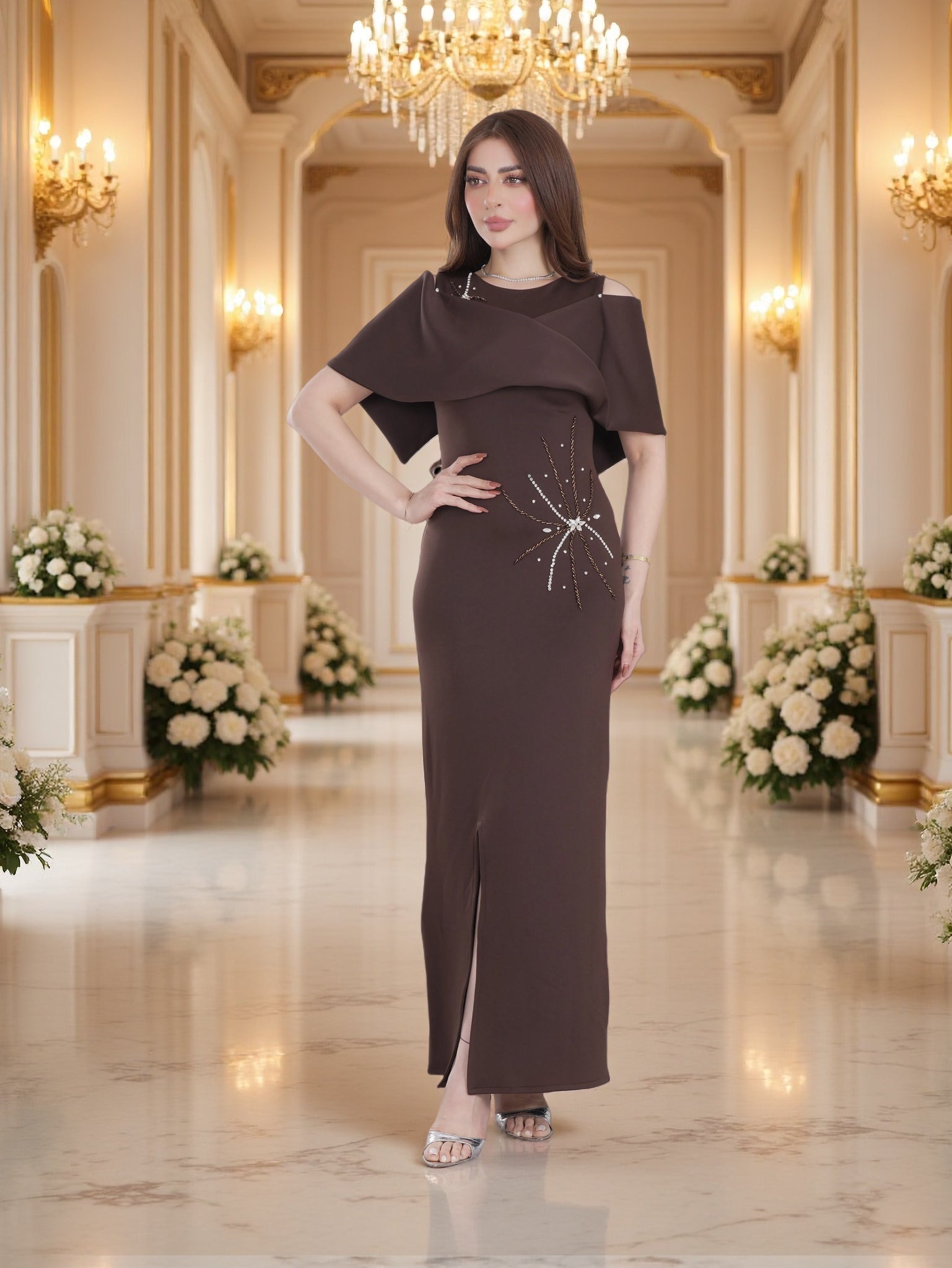 فستان سهرة فاخر باللون الكحلي مطرّز مع أكمام كاب انسيابية