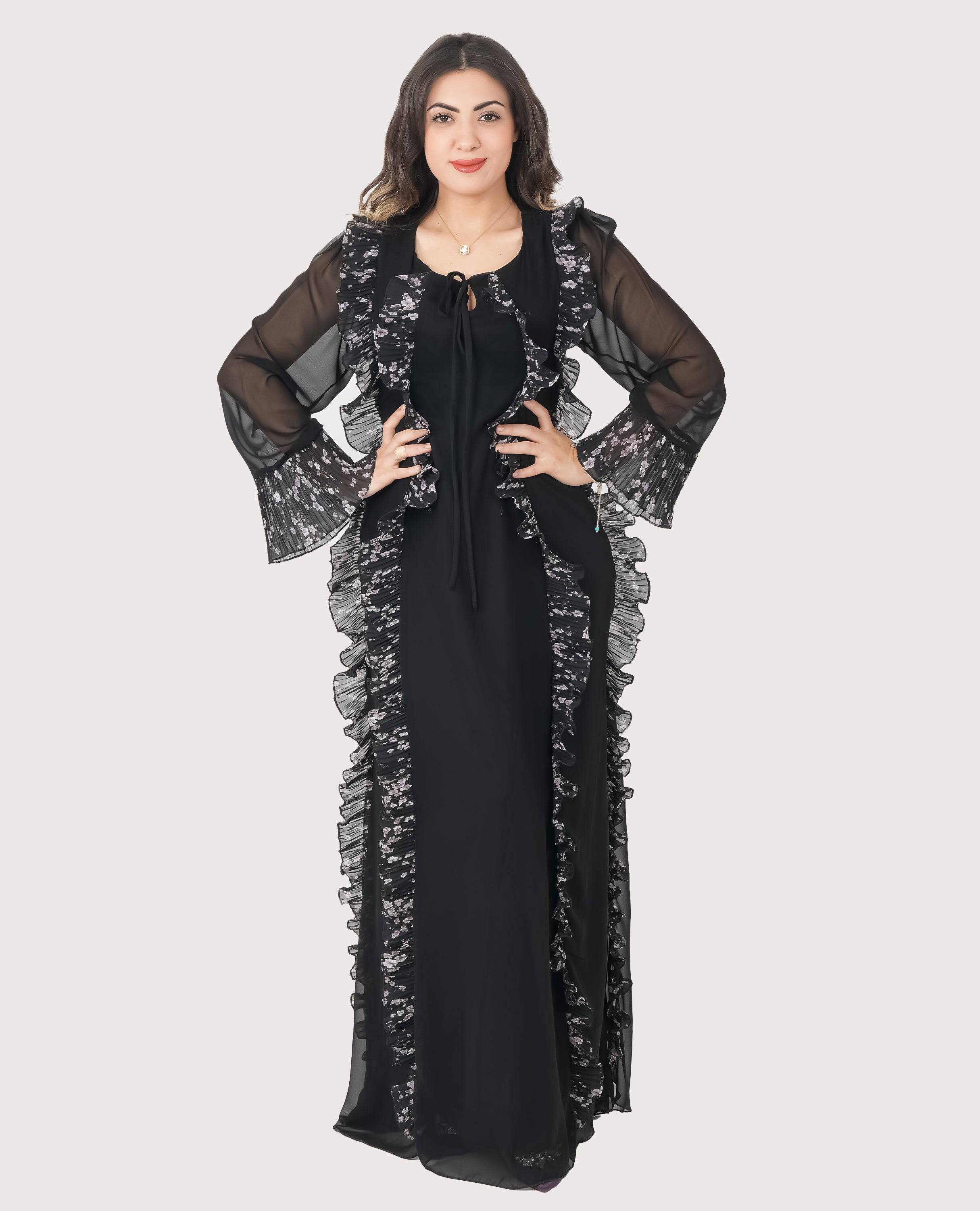 Midnight Ruffle Elegance – Black Chiffon Maxi Dress - FineLook