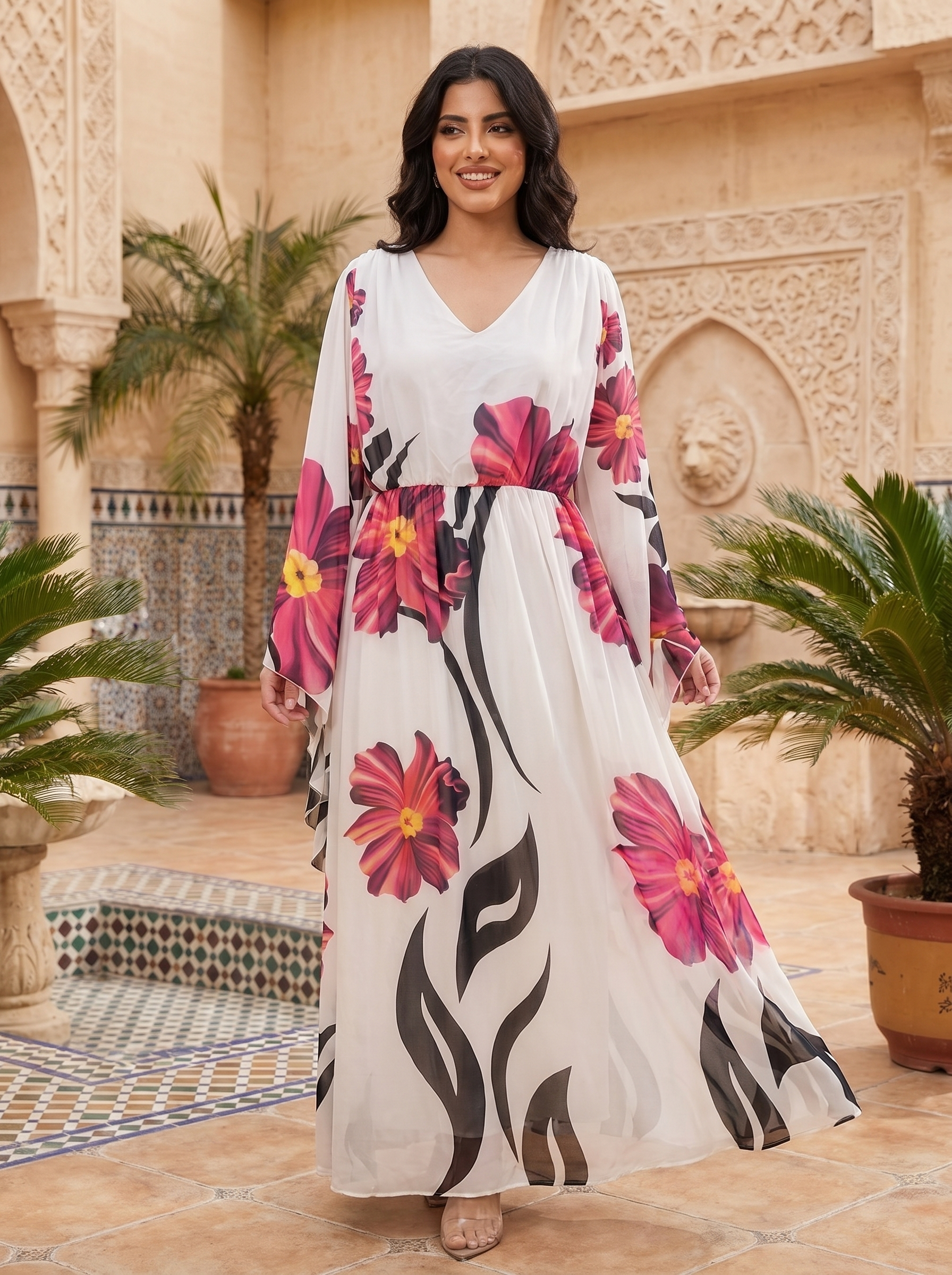 Elegant White Pink Floral Chiffon Maxi Dress with Cape Sleeves