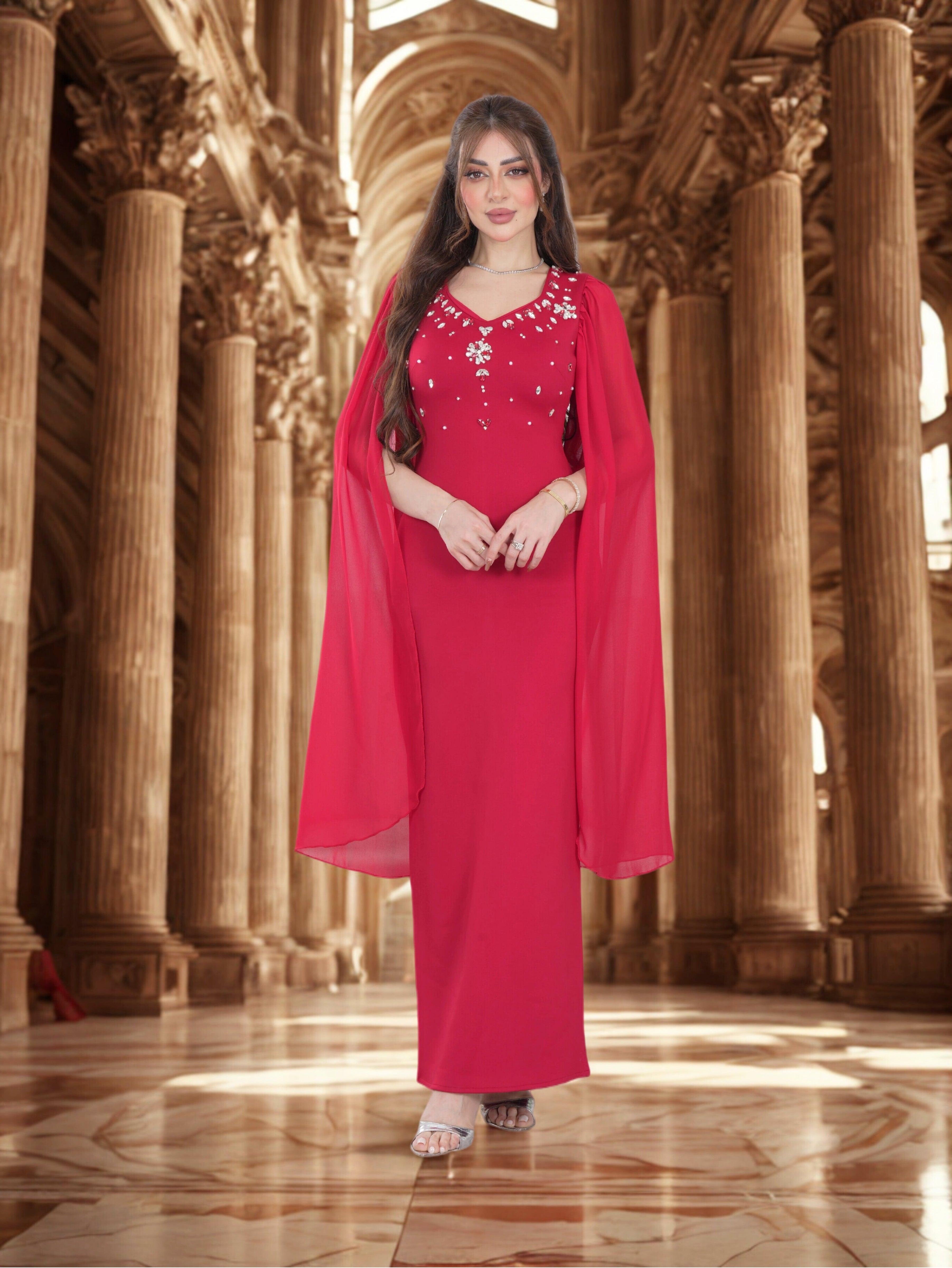 Elegent Red Gown Dress with Flowing Cape Sleeves 
