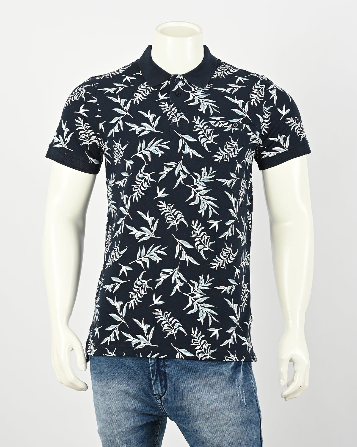 Black leaves Print polo t-shirt with short sleeves