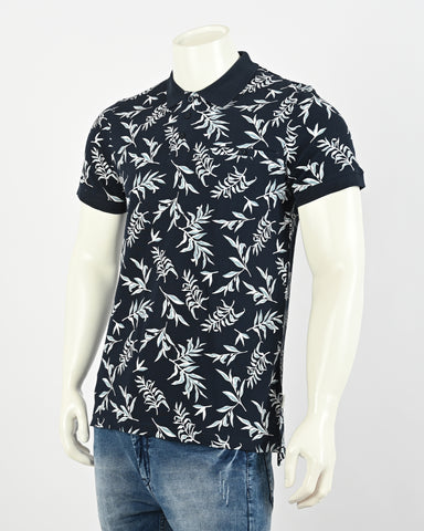 Black leaves Print polo t-shirt with short sleeves