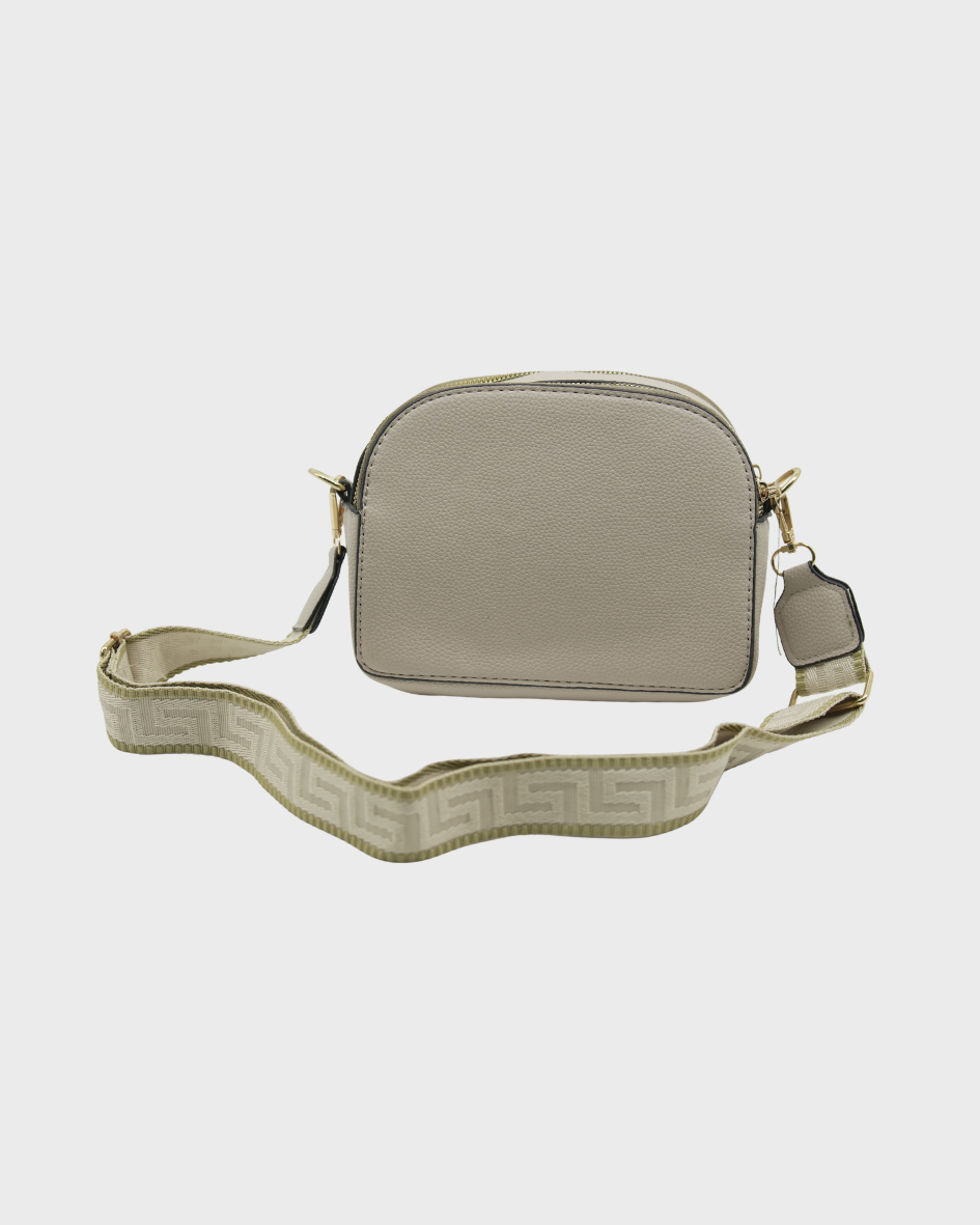 Women's Pebbled Crossbody Bag with Gold Buckles & Patterned Strap