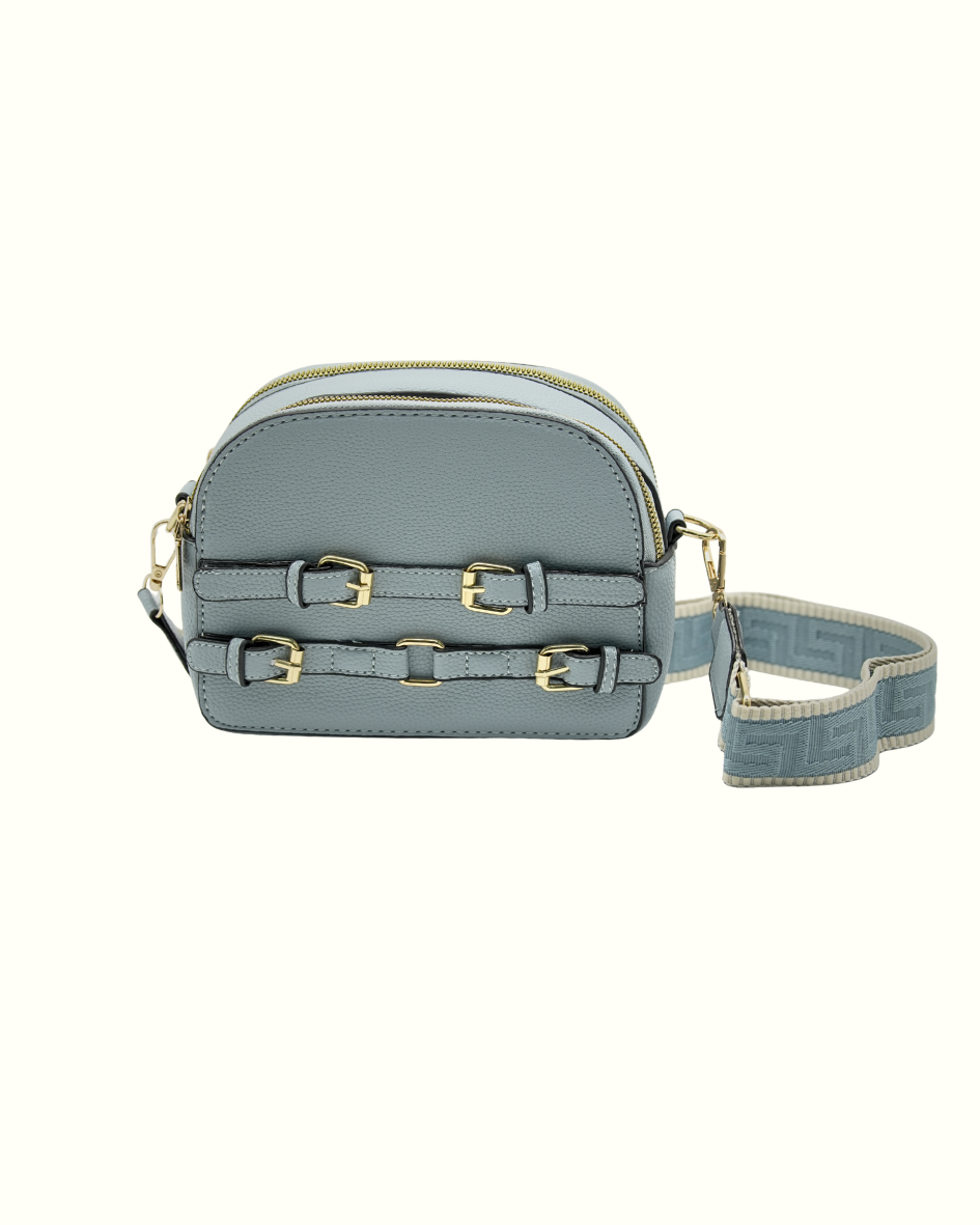 Women's Pebbled Crossbody Bag with Gold Buckles & Patterned Strap